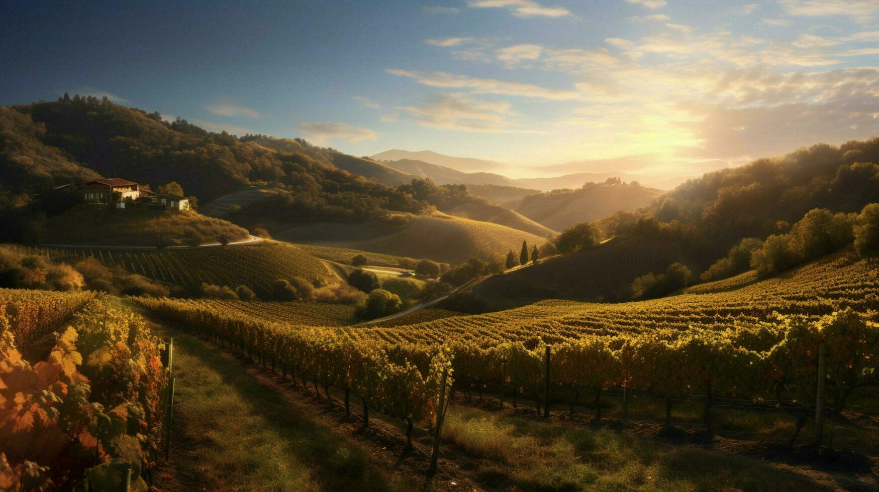 vineyards with autumn sun shining through the gra photo