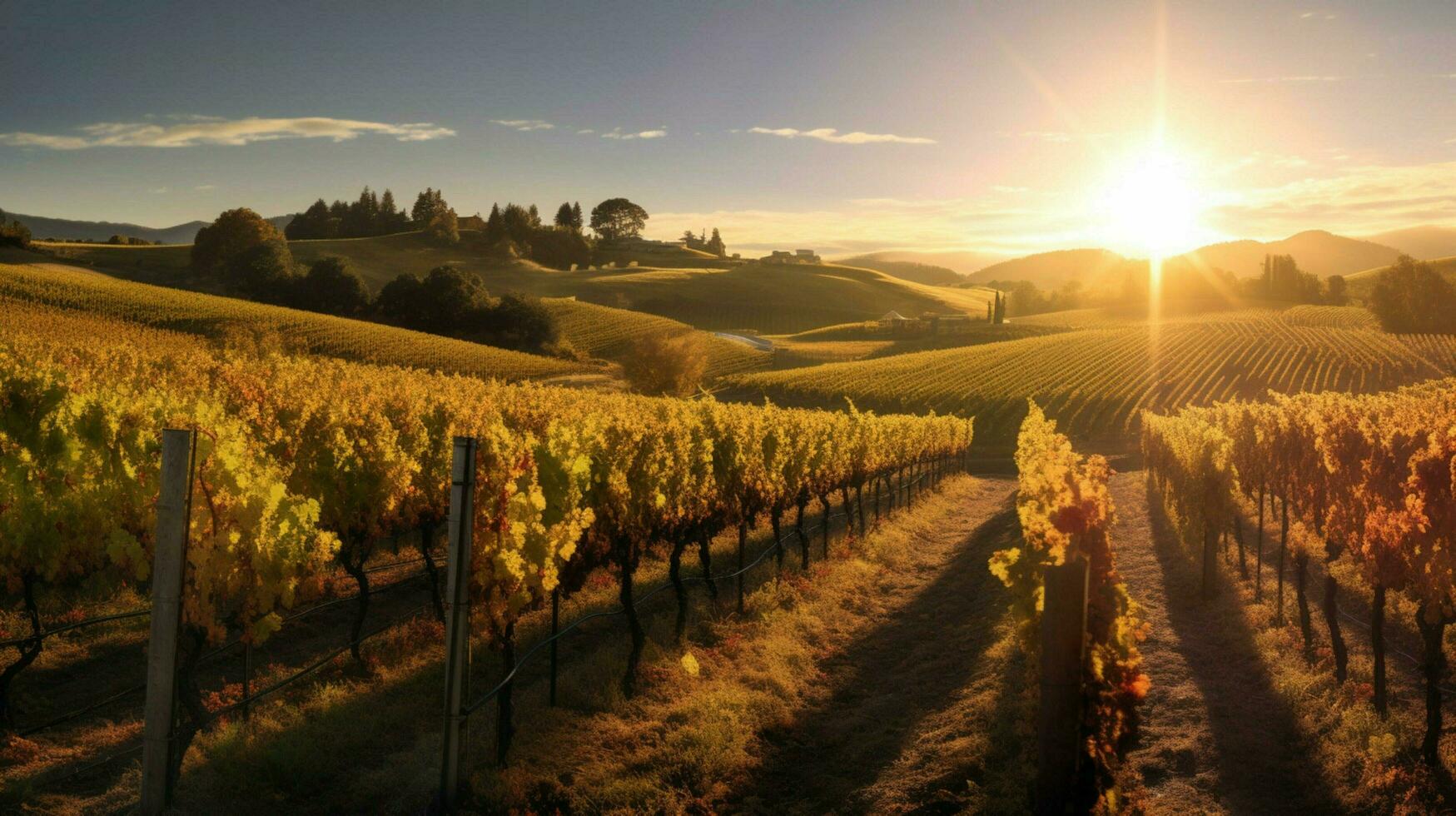 vineyards with autumn sun shining through the gra photo