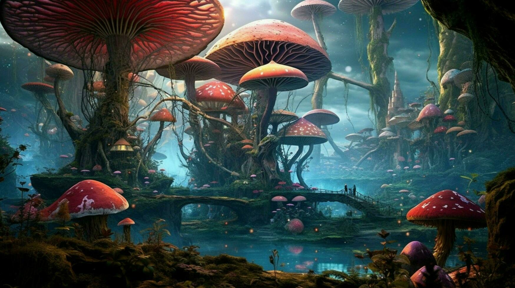 visionary scene with giant mushroom forest with t photo