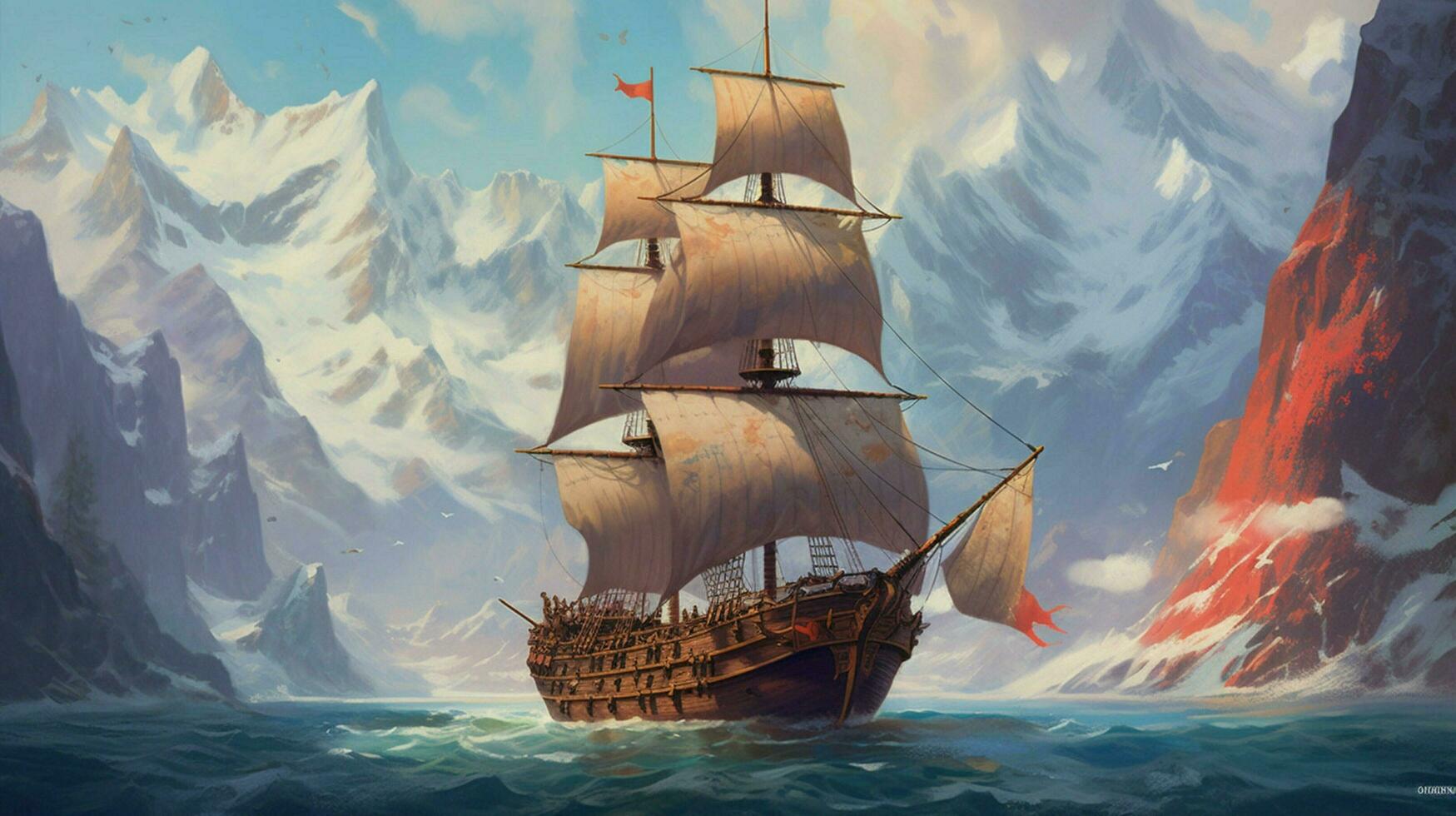 vking ship sails past mountain range with snowy p photo