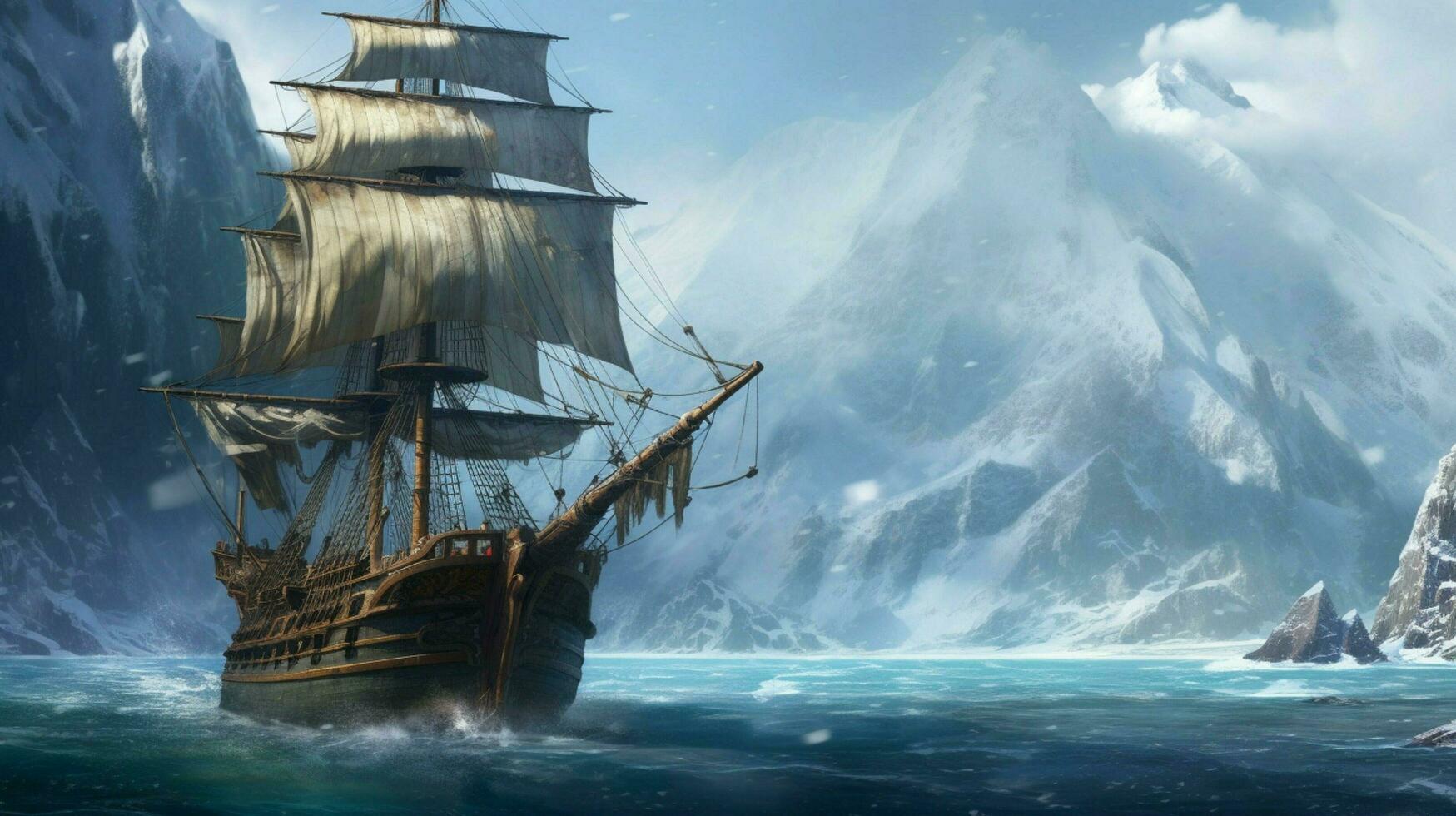 vking ship sails past mountain range with snowy p photo