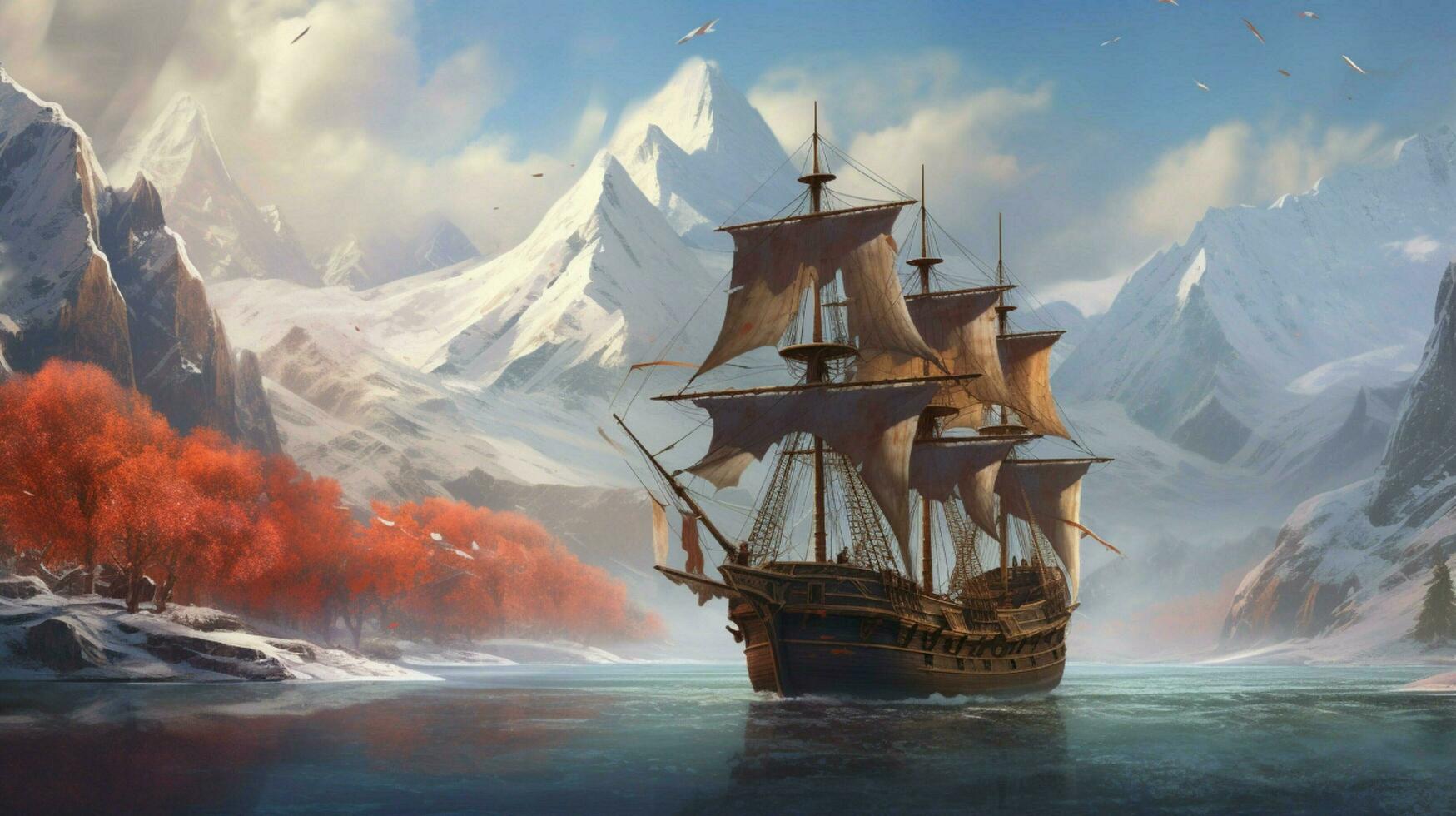 vking ship sails past mountain range with snowy p photo