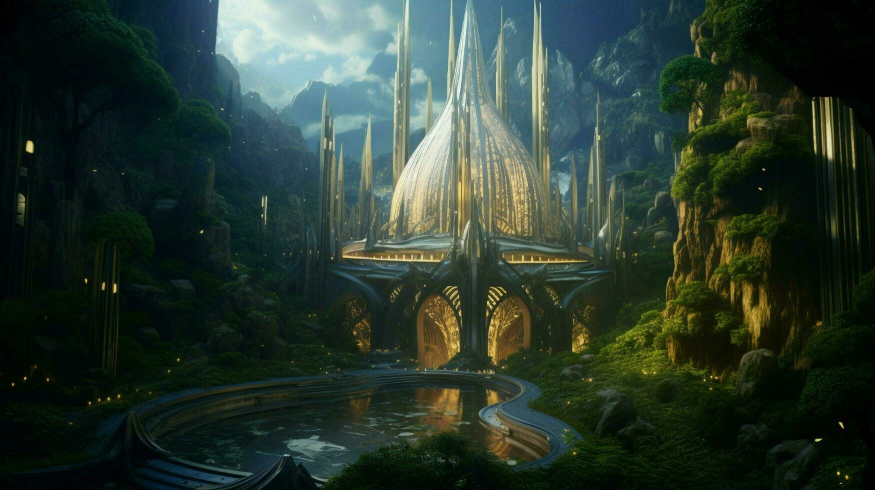 A futuristic elven castle in a magical forest photo