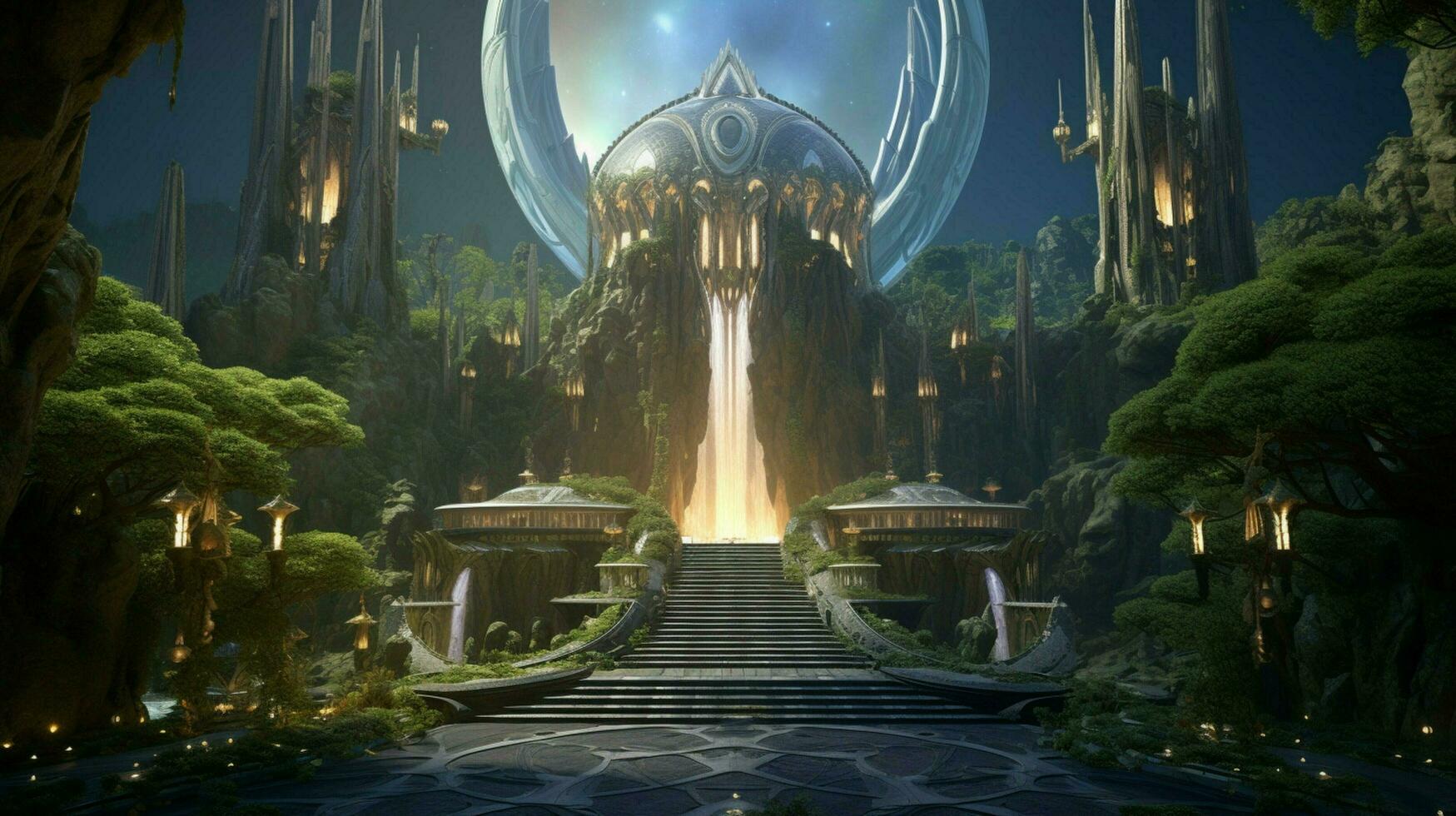 A futuristic elven castle in a magical forest photo