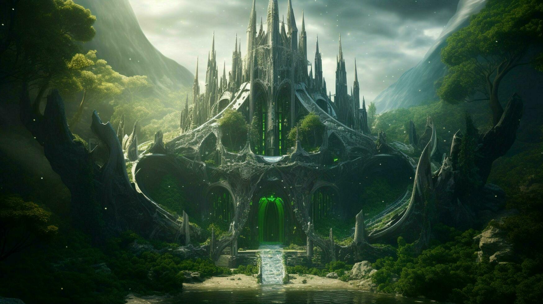 A futuristic elven castle in a magical forest photo