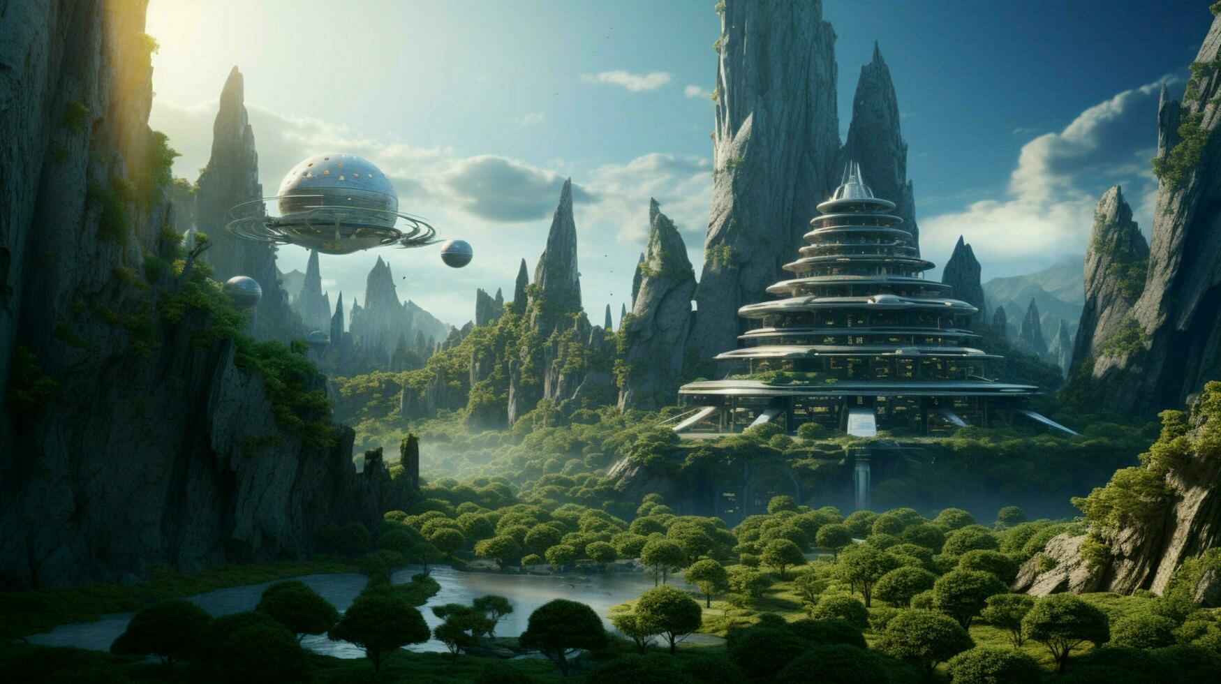 A futuristic elven castle in a magical forest photo