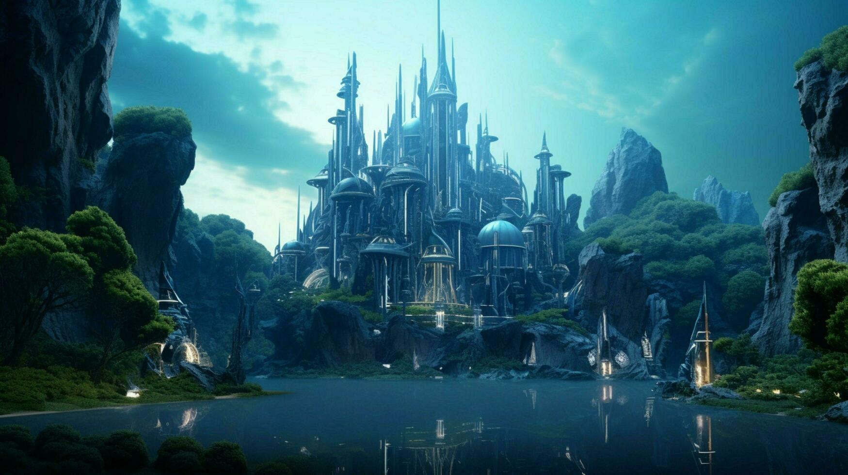 A futuristic elven castle in a magical forest photo