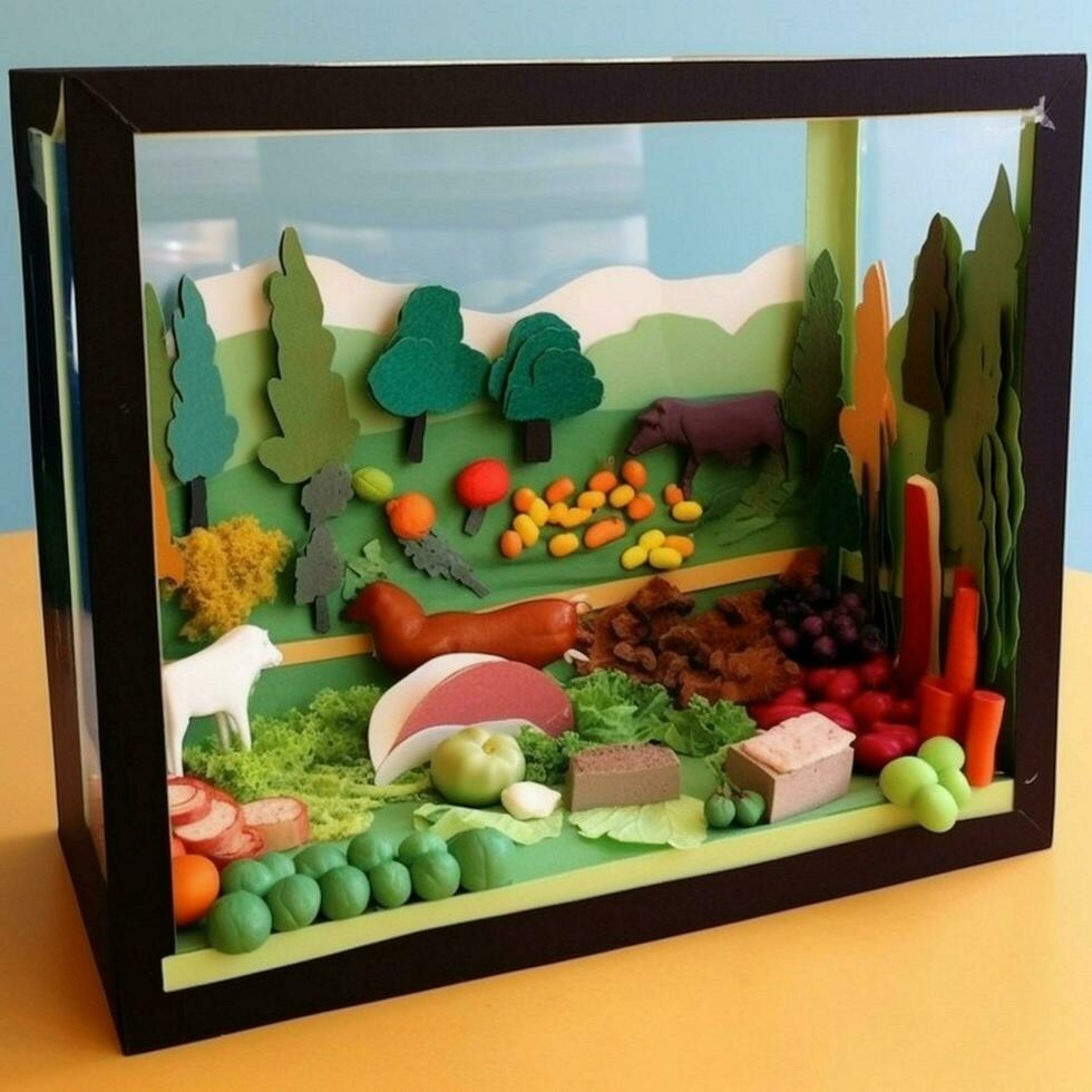 crear un imaginativo diorama exhibiendo un sano foto