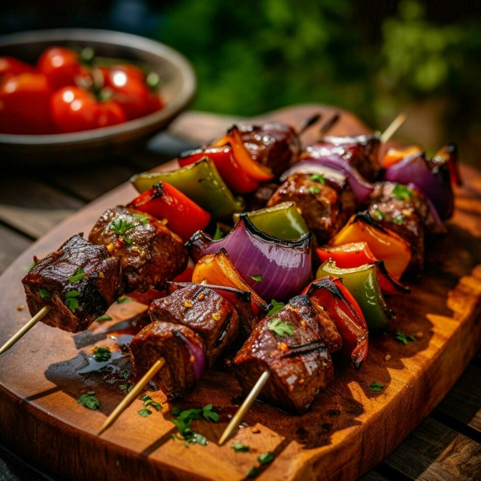 Marinated beef skewers paired with bell peppers photo