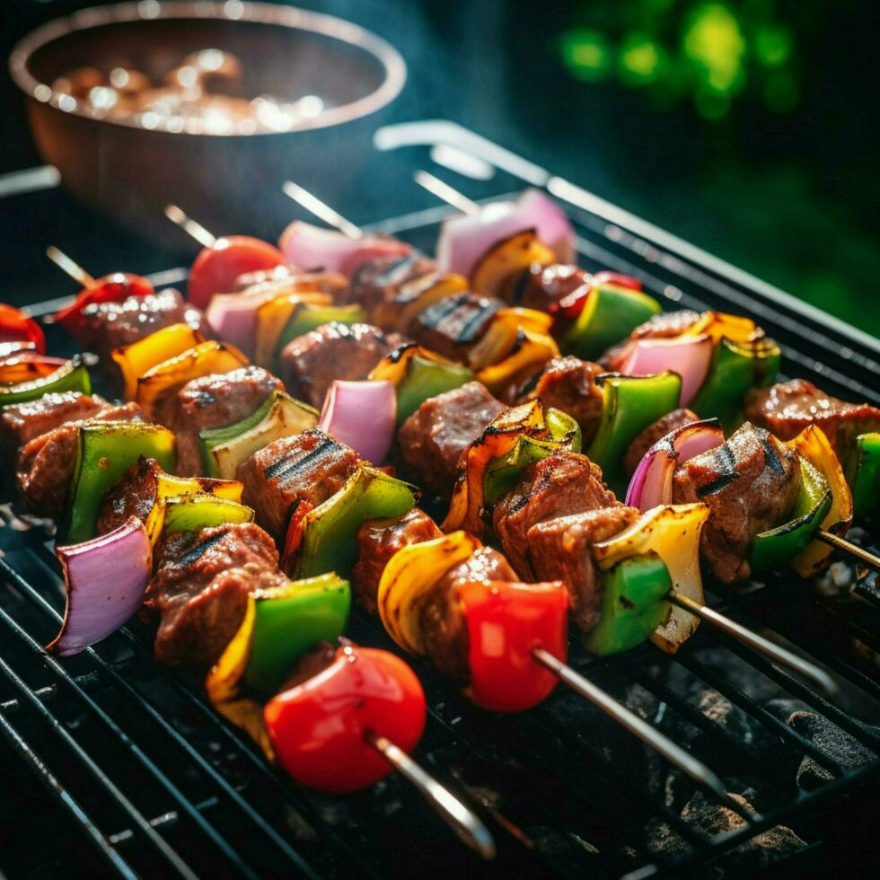 Marinated beef skewers paired with bell peppers photo