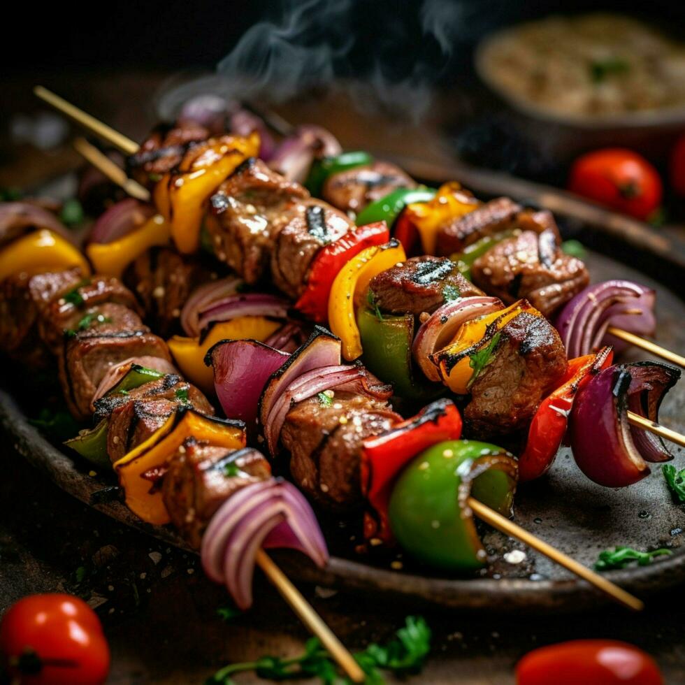 Marinated beef skewers paired with bell peppers photo