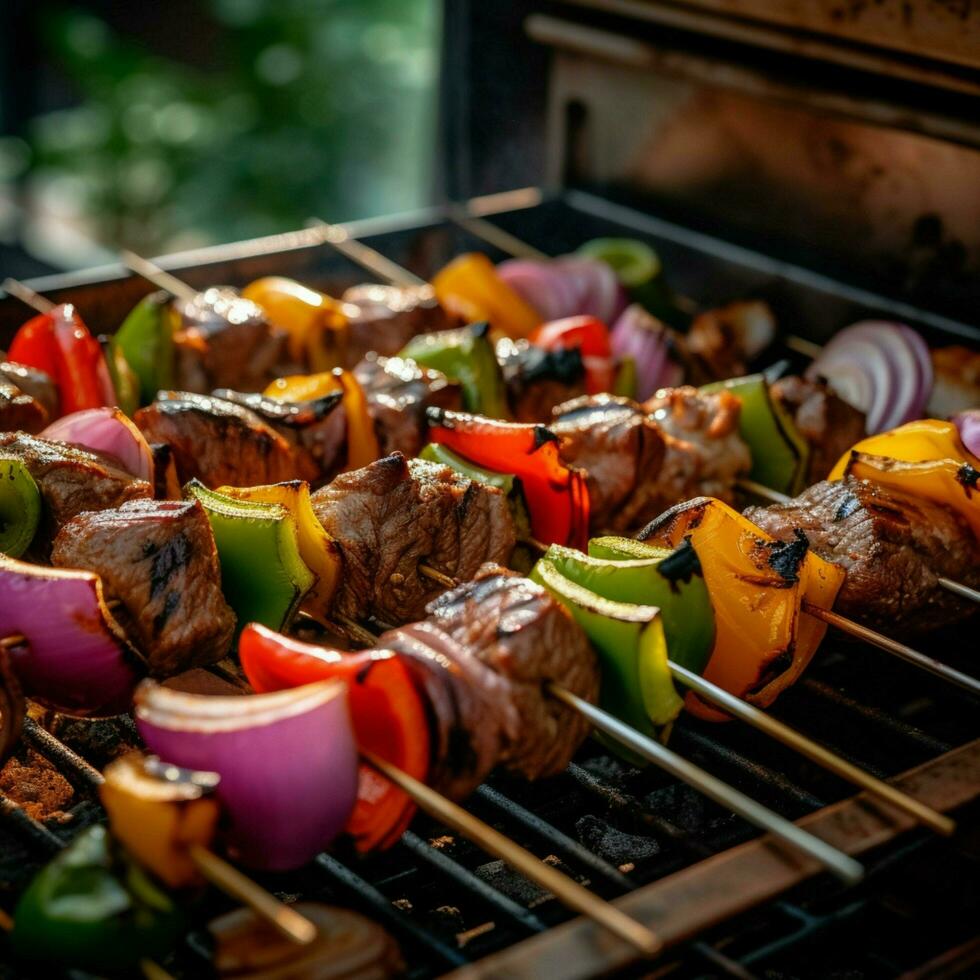 Marinated beef skewers paired with bell peppers photo