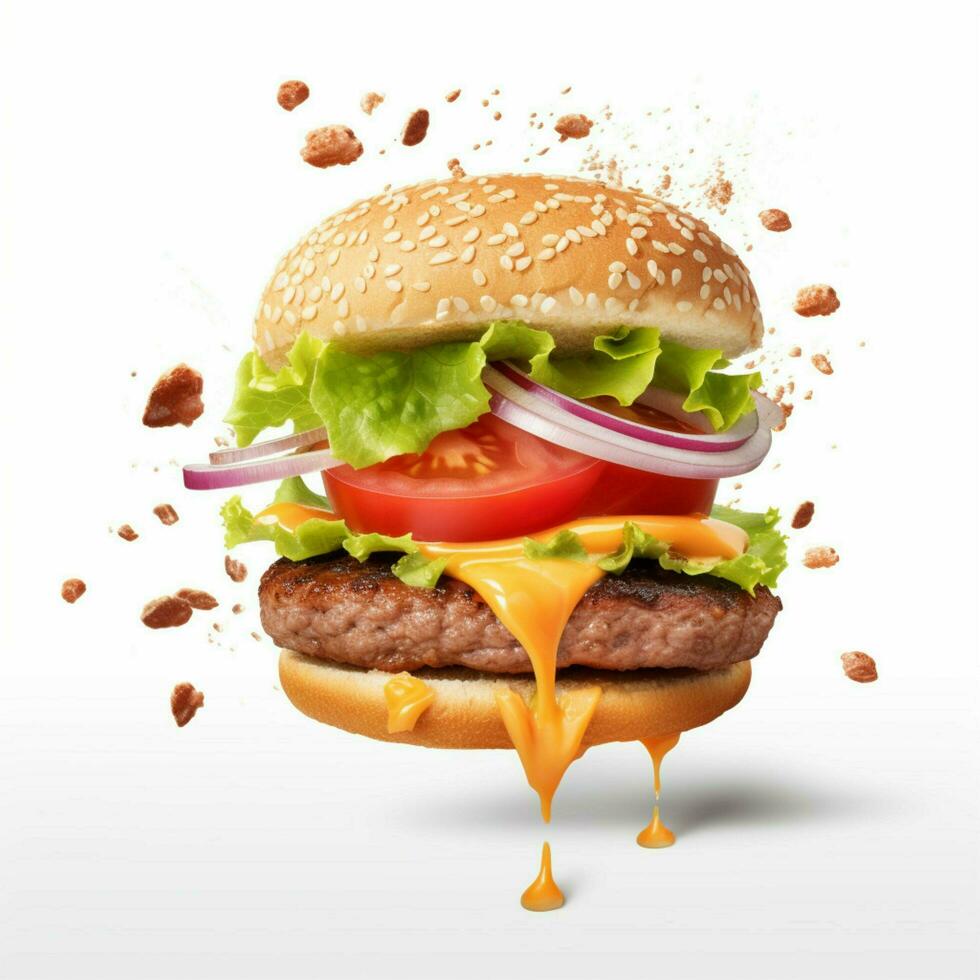 Realistic burger with flying ingredients Isolated photo