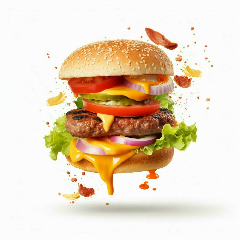 Realistic burger with flying ingredients Isolated photo