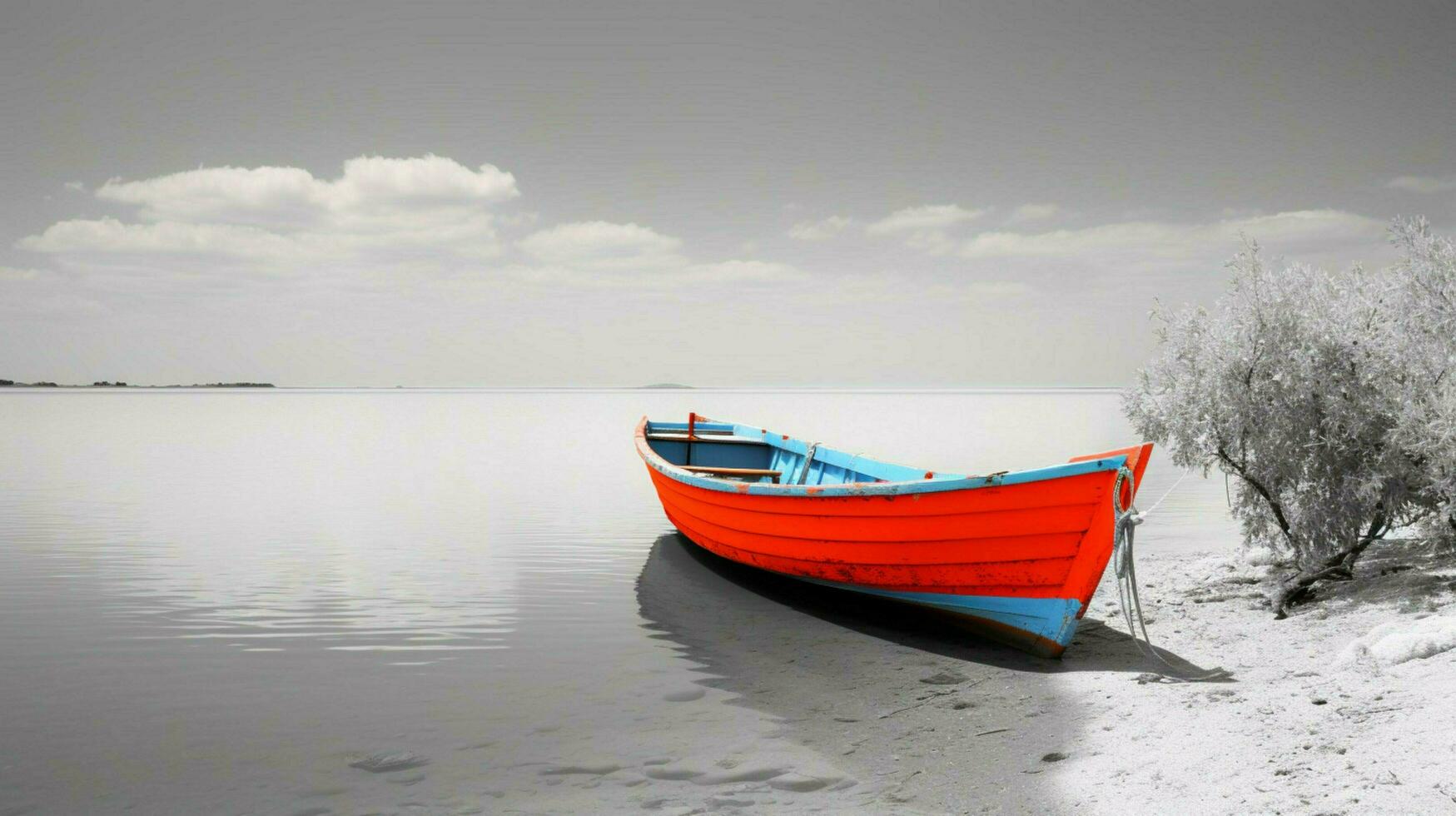 White and black seascape with a colored boat mini photo