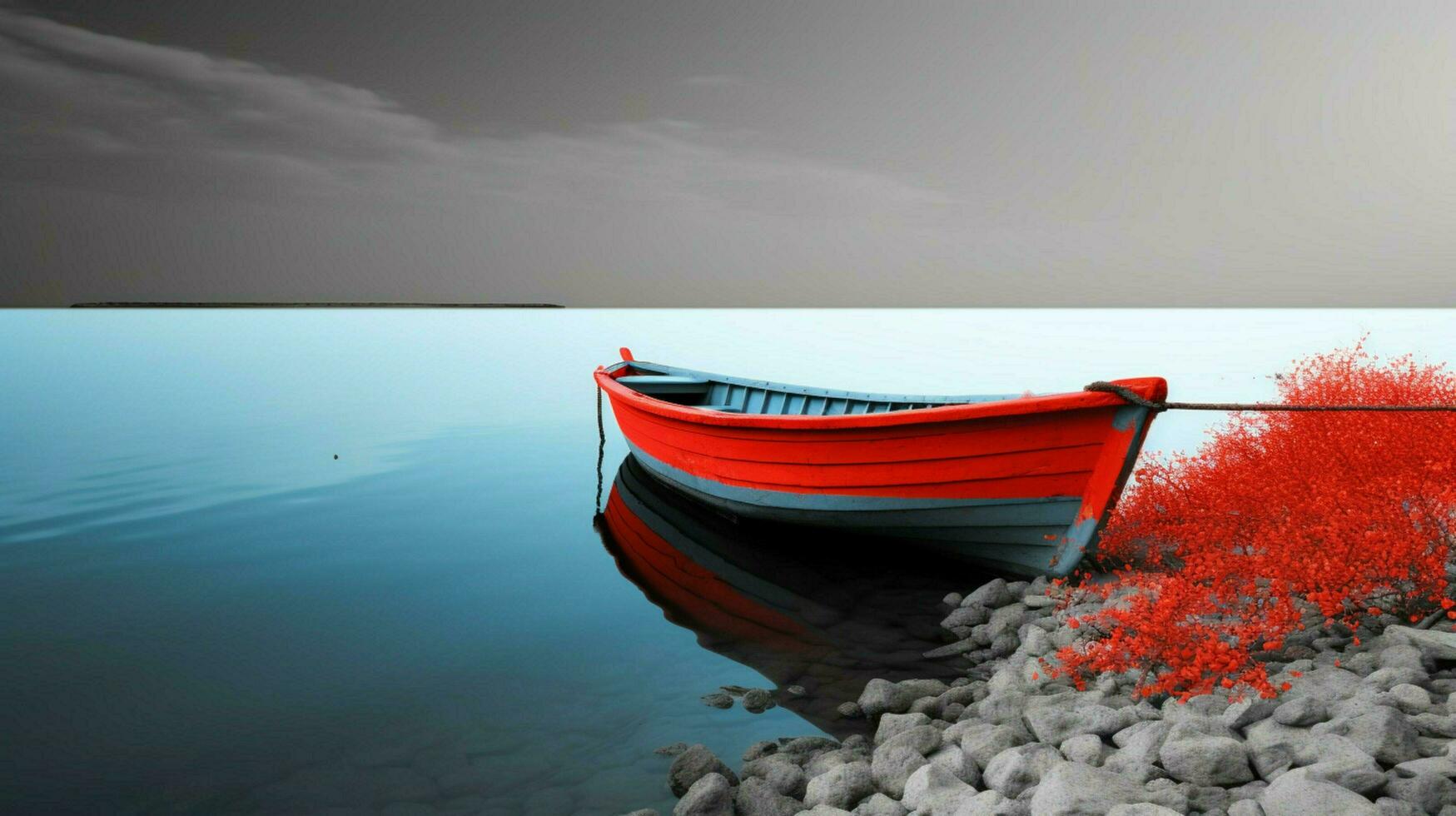 White and black seascape with a colored boat mini photo