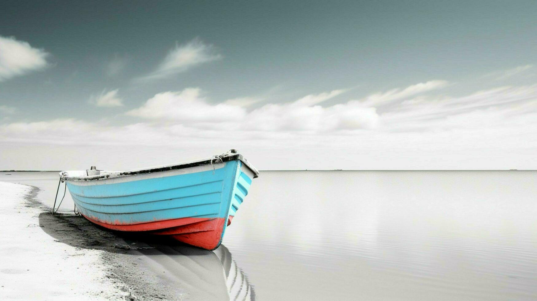 White and black seascape with a colored boat mini photo