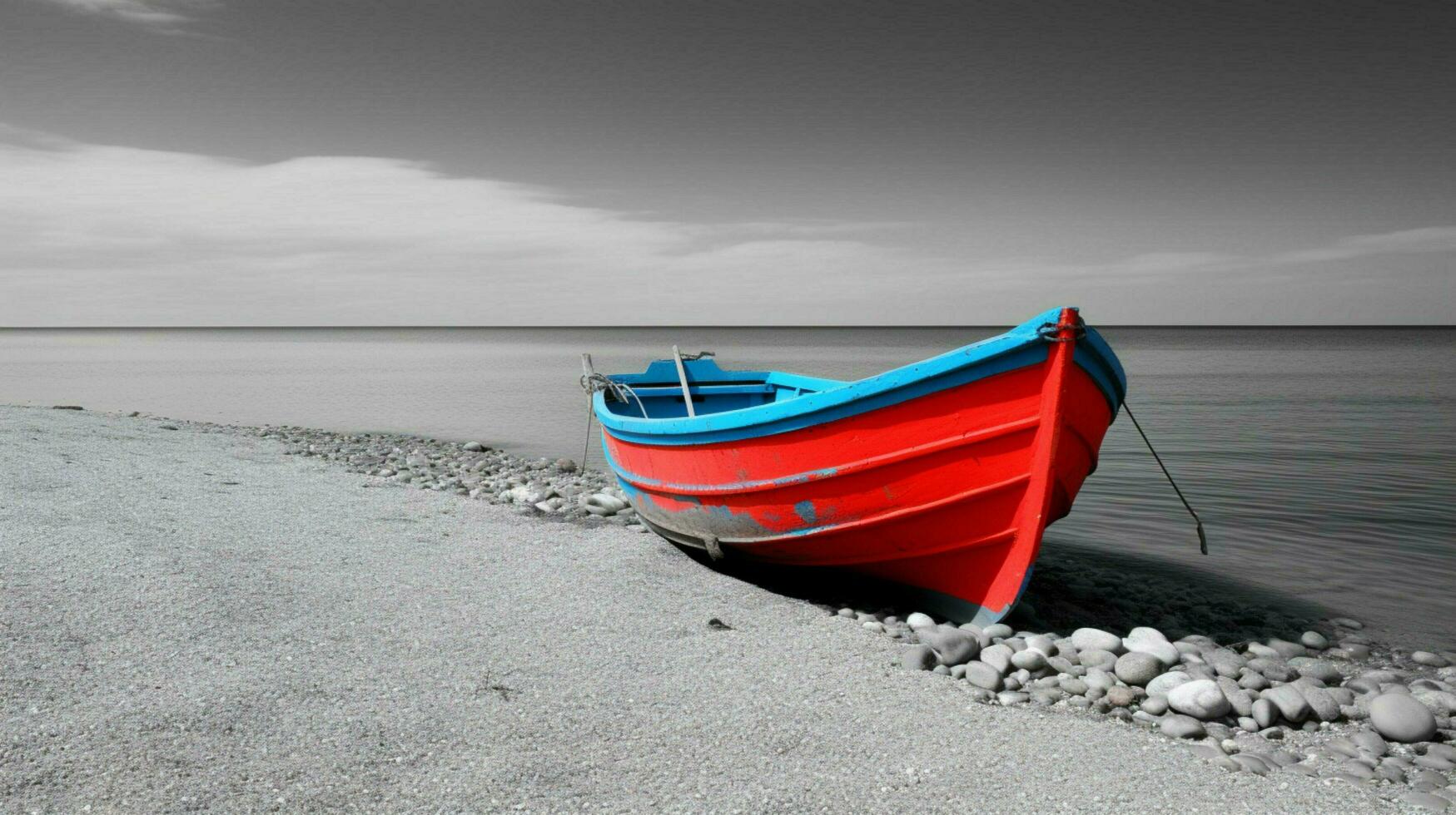 White and black seascape with a colored boat mini photo