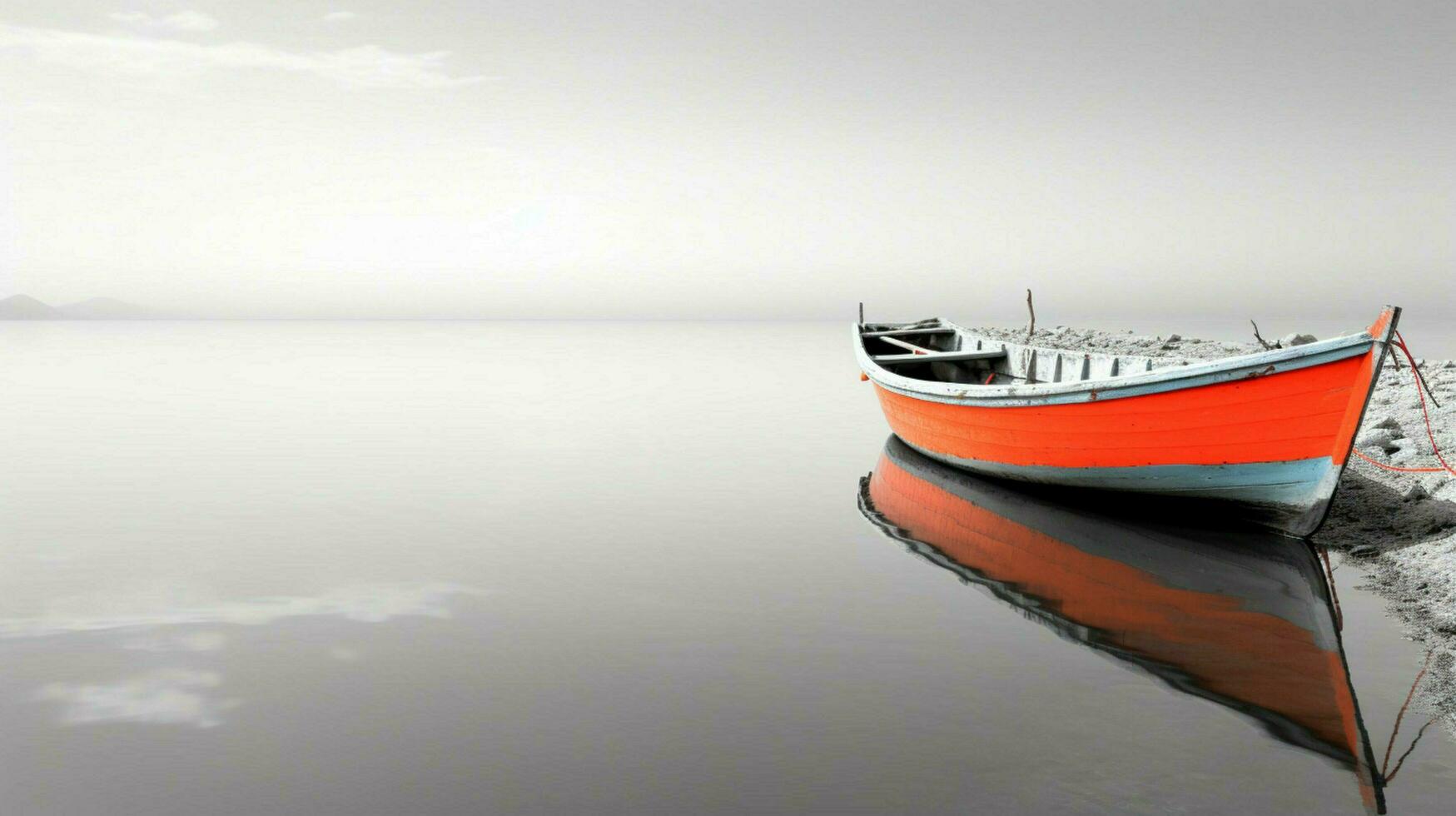 White and black seascape with a colored boat mini photo