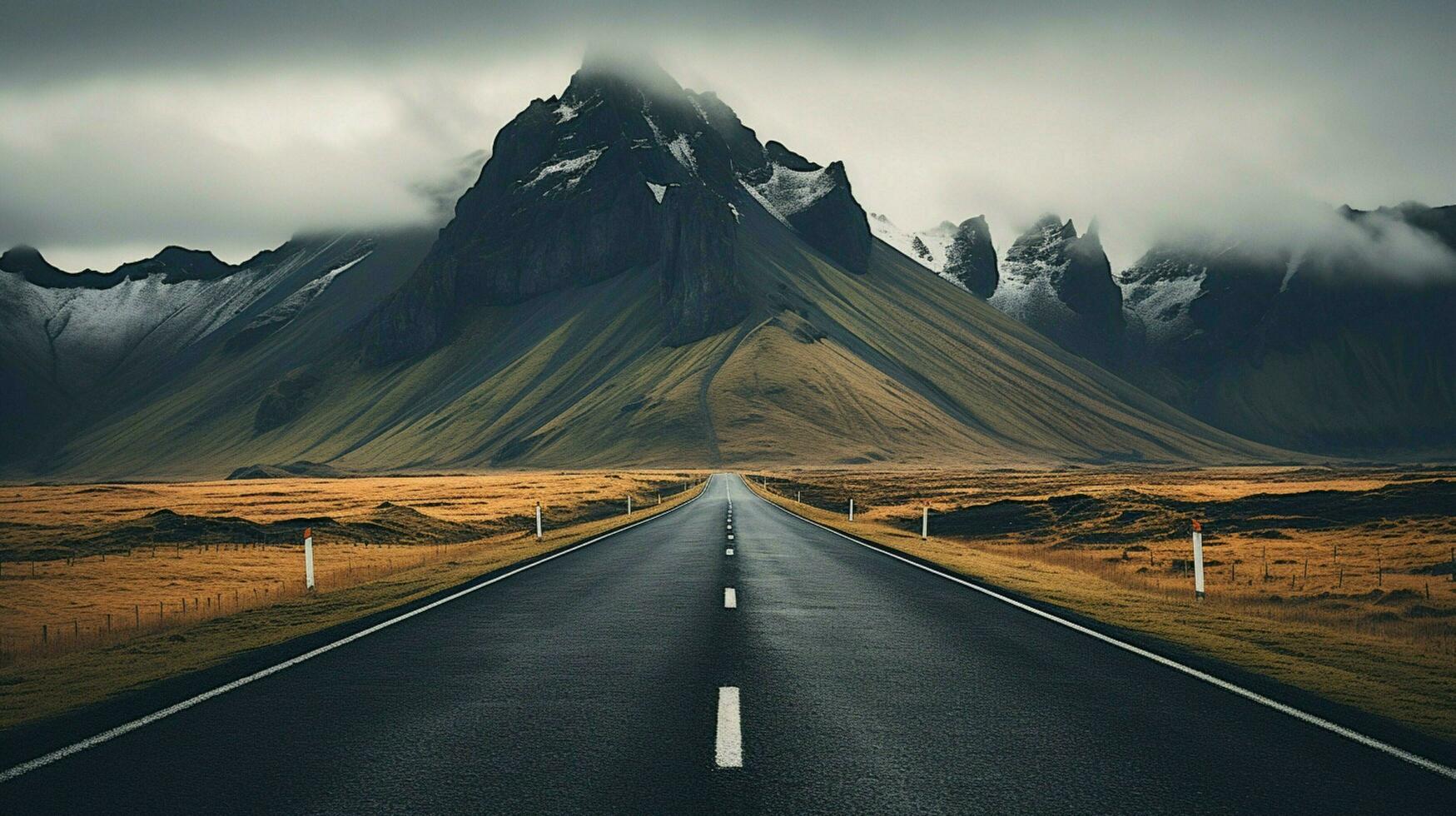 an empty road with mountains in the background photo