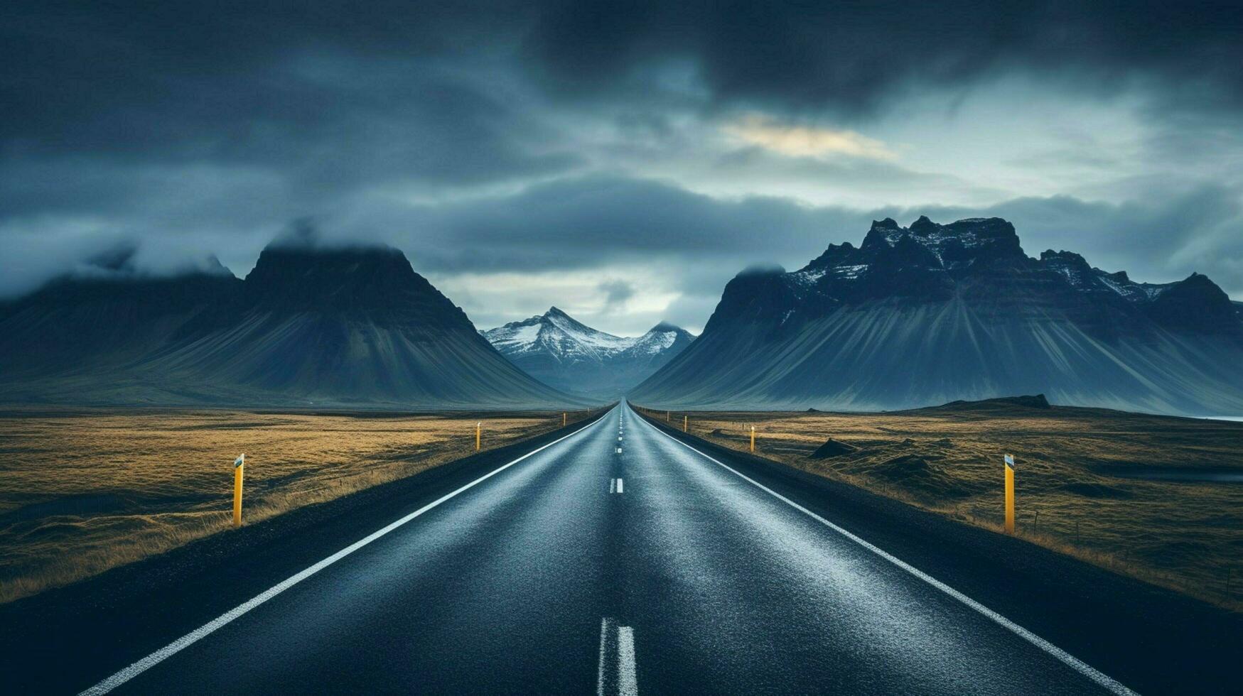 an empty road with mountains in the background photo