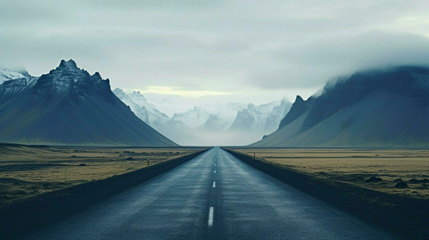 an empty road with mountains in the background photo