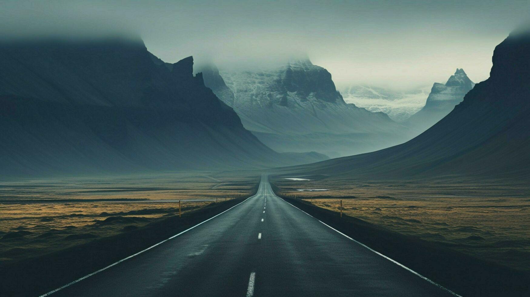 an empty road with mountains in the background photo