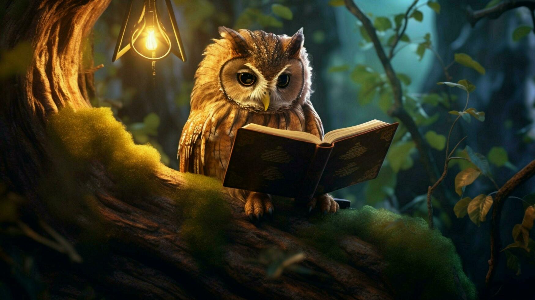 an owl reading on a tree photo