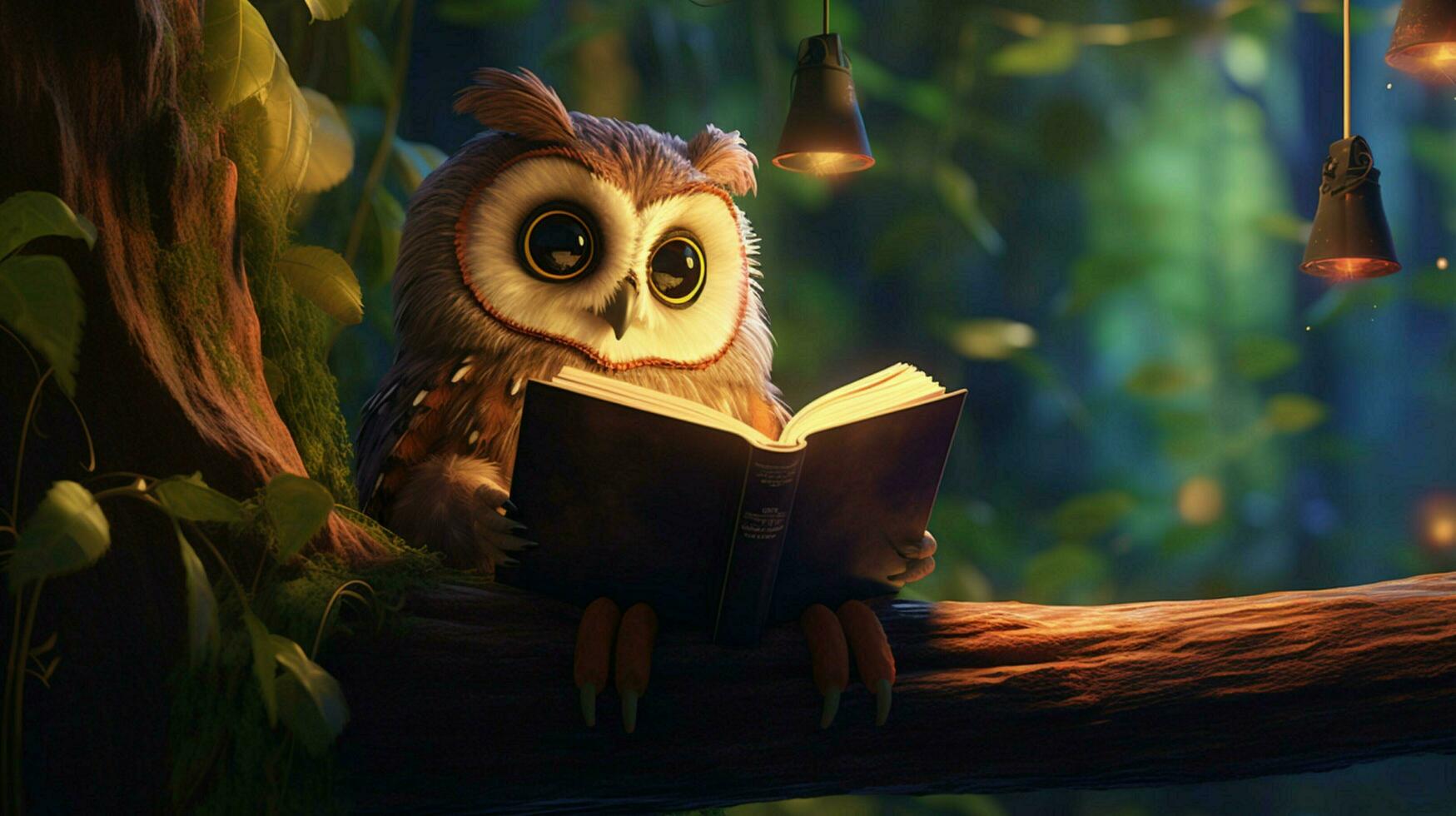 an owl reading on a tree photo