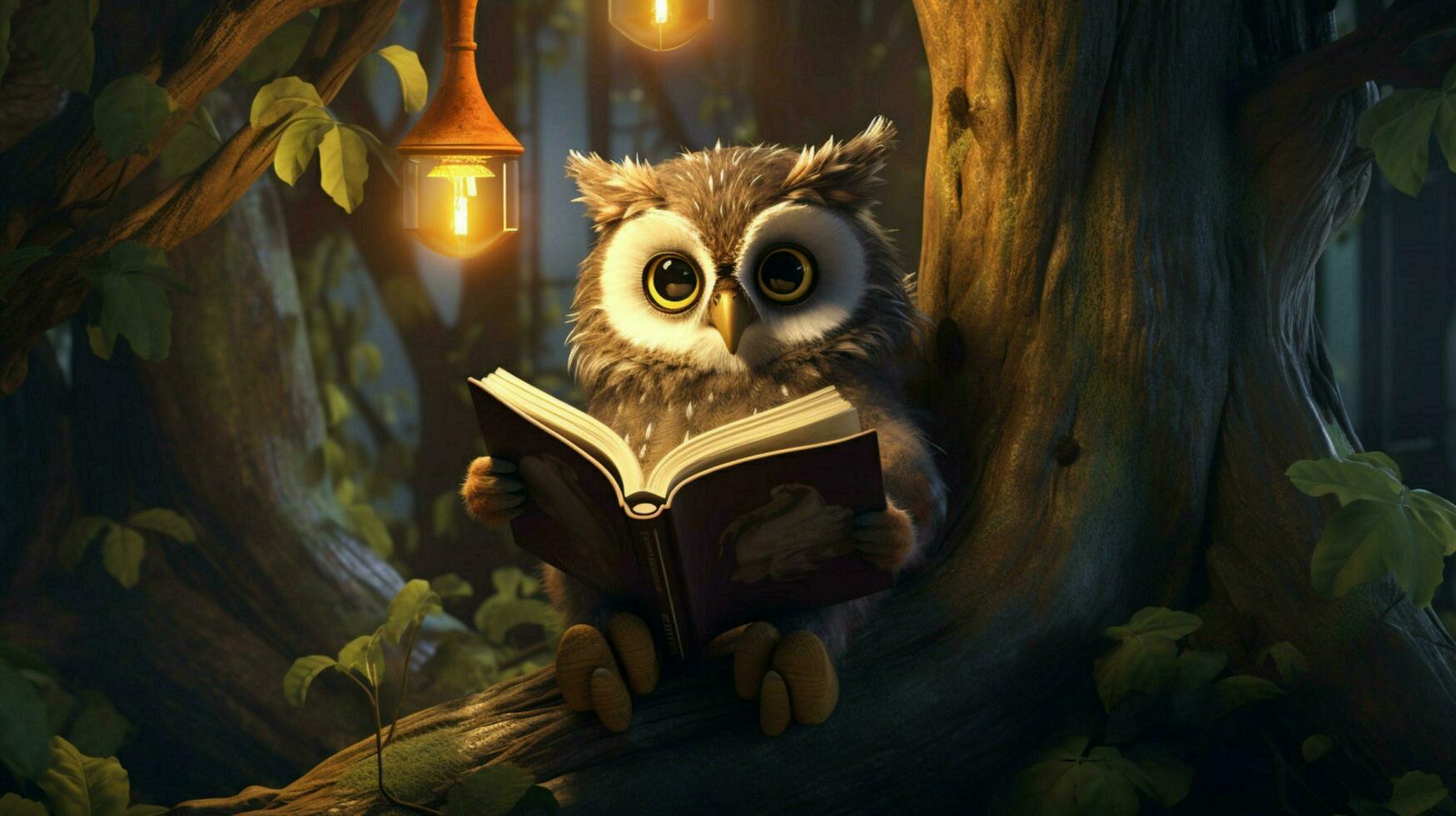 an owl reading on a tree photo