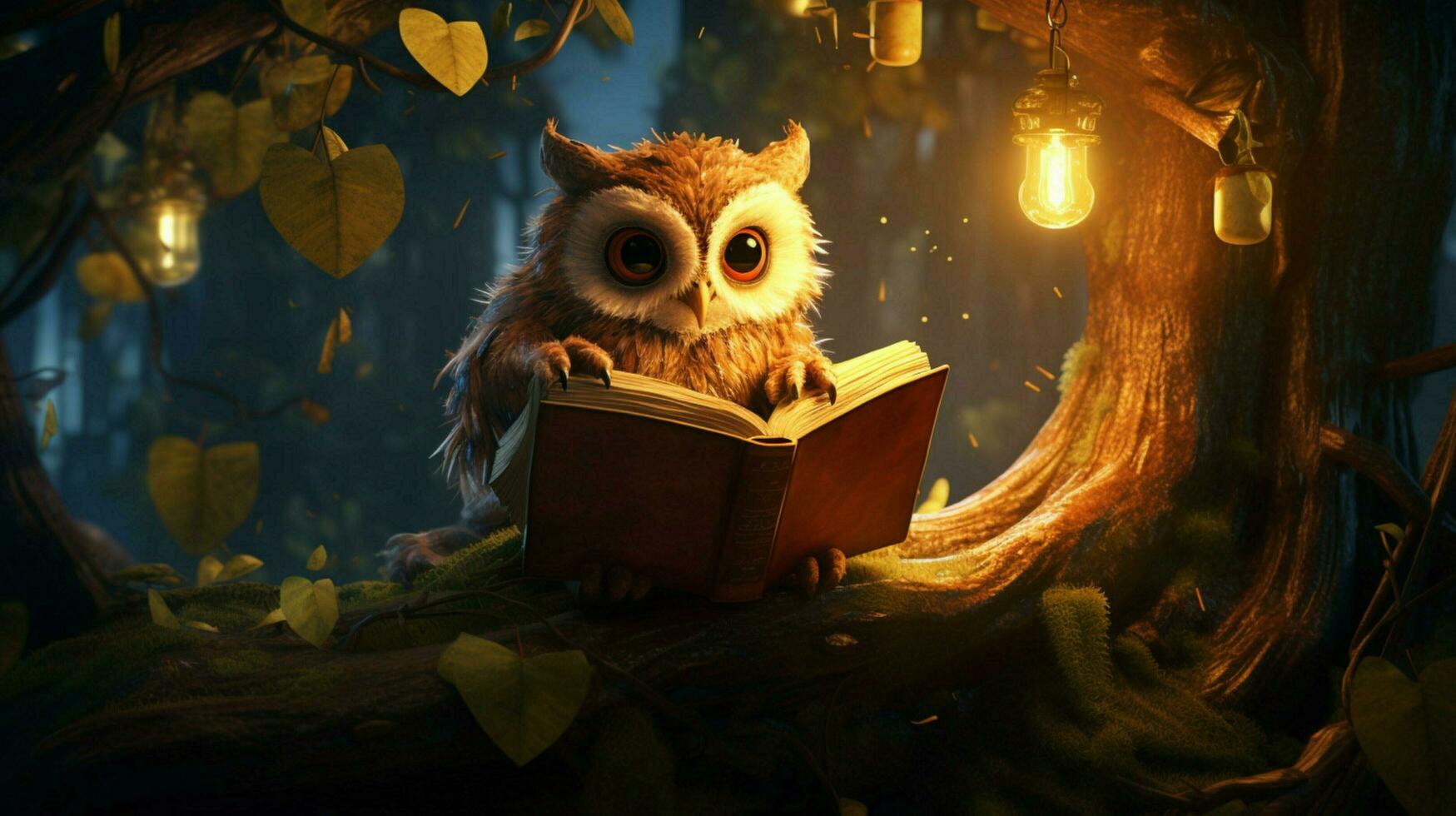 an owl reading on a tree photo