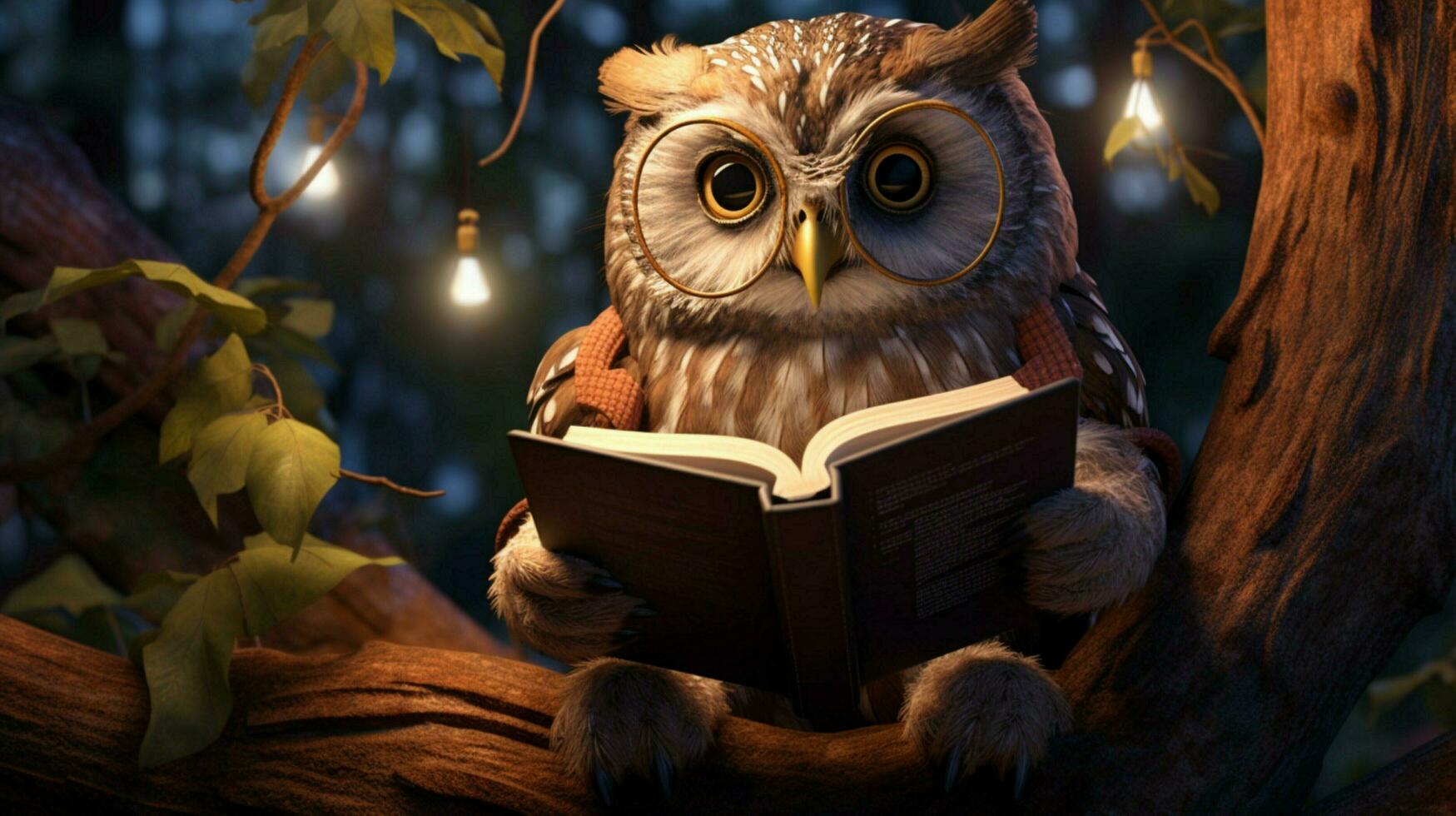 an owl reading on a tree photo