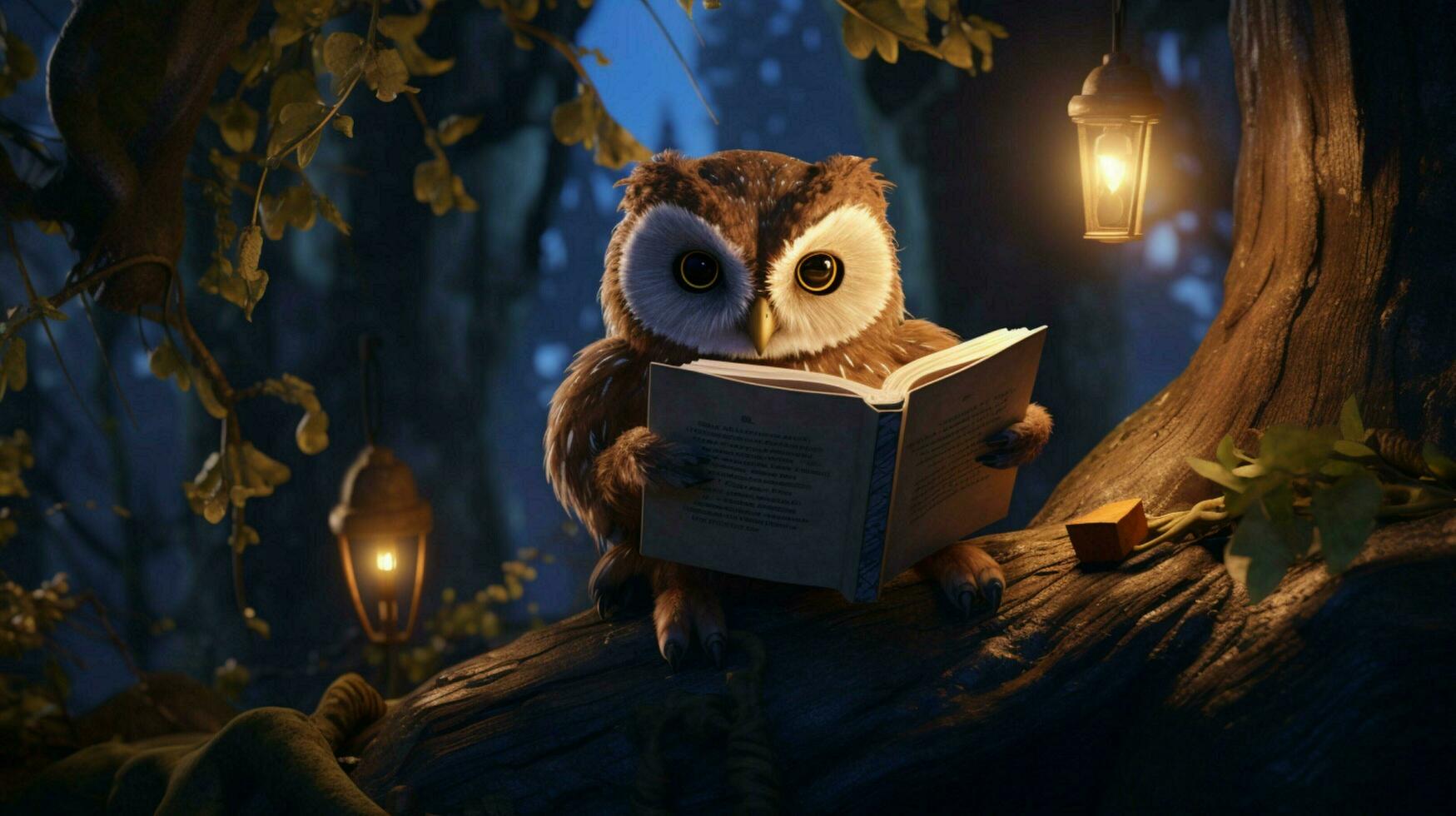 an owl reading on a tree photo