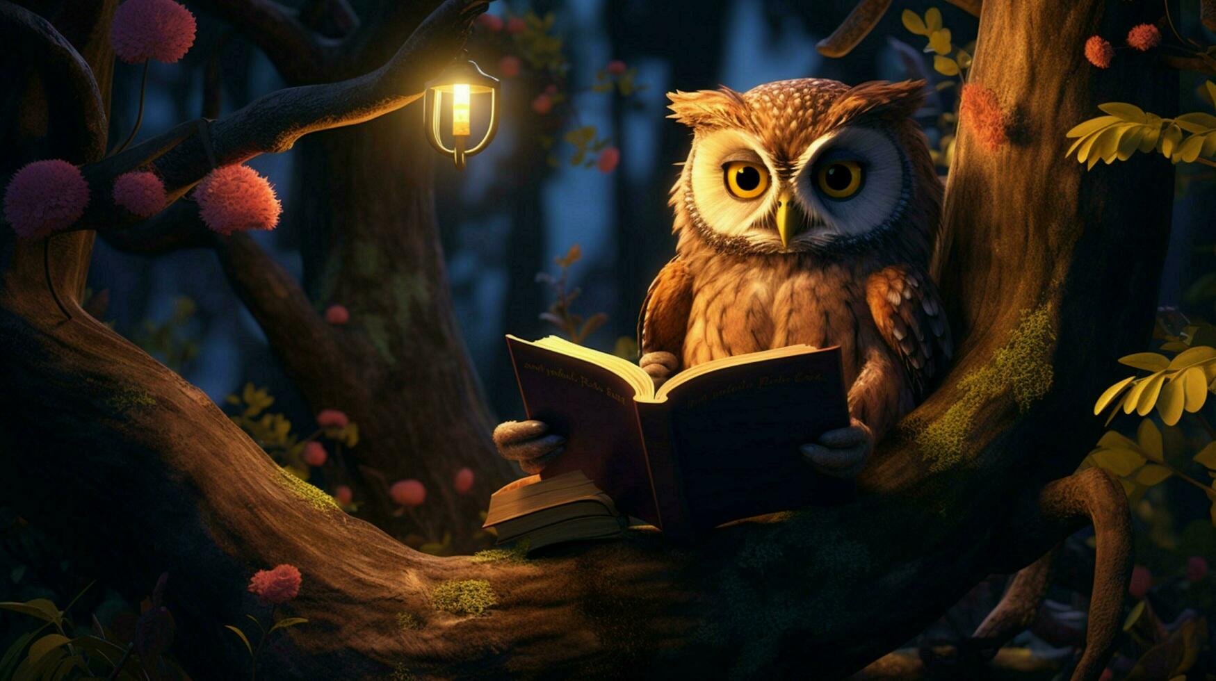 an owl reading on a tree photo
