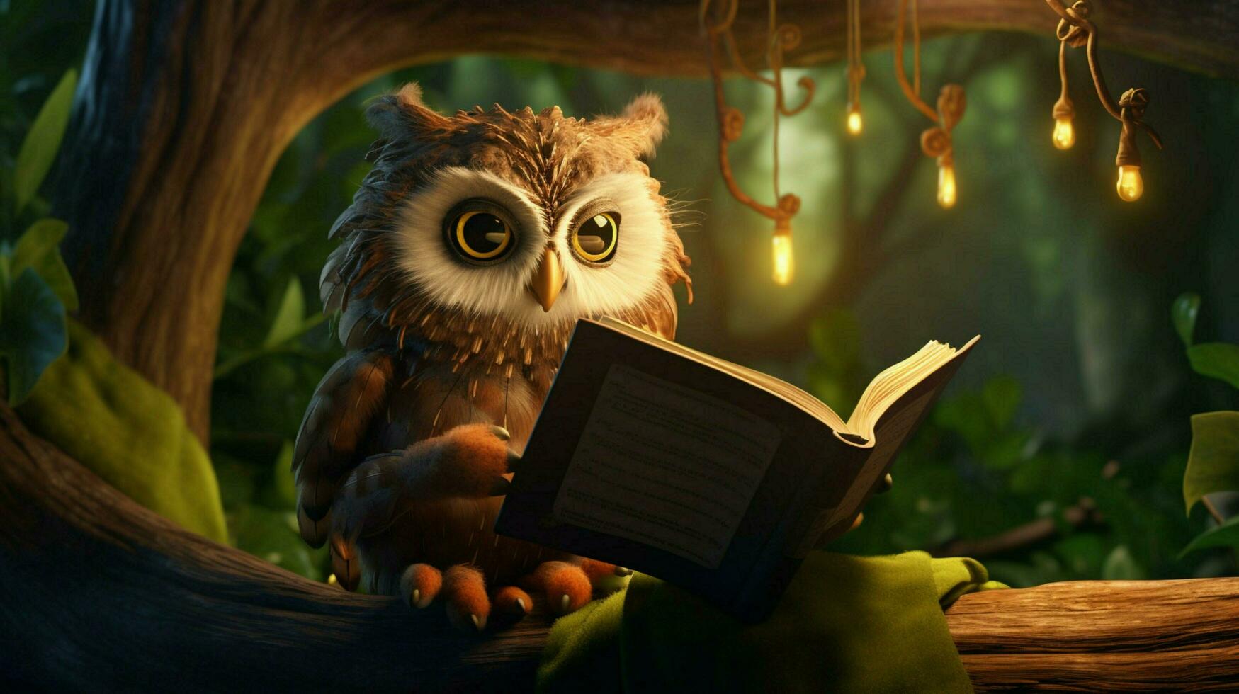 an owl reading on a tree photo