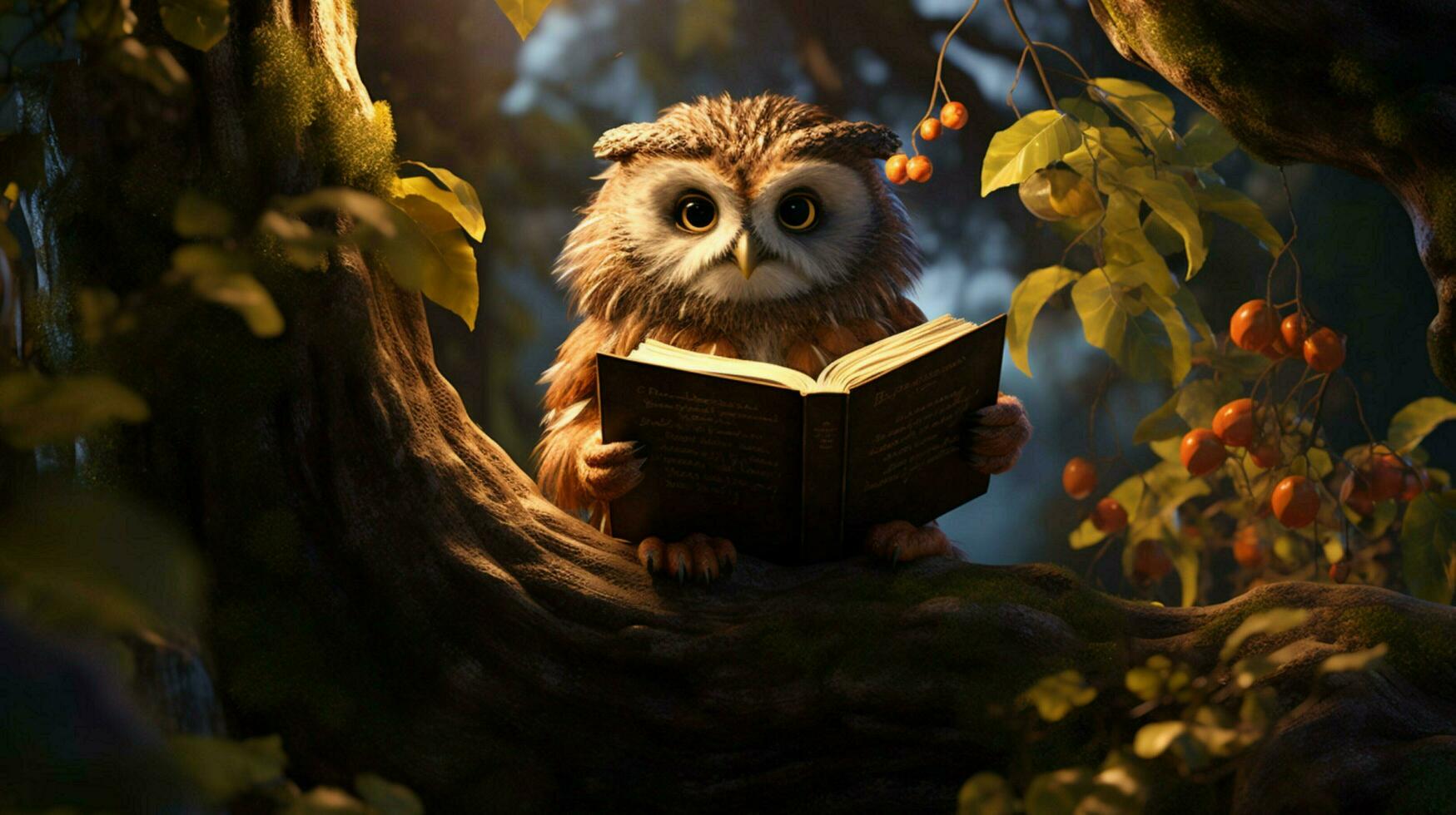 an owl reading on a tree photo