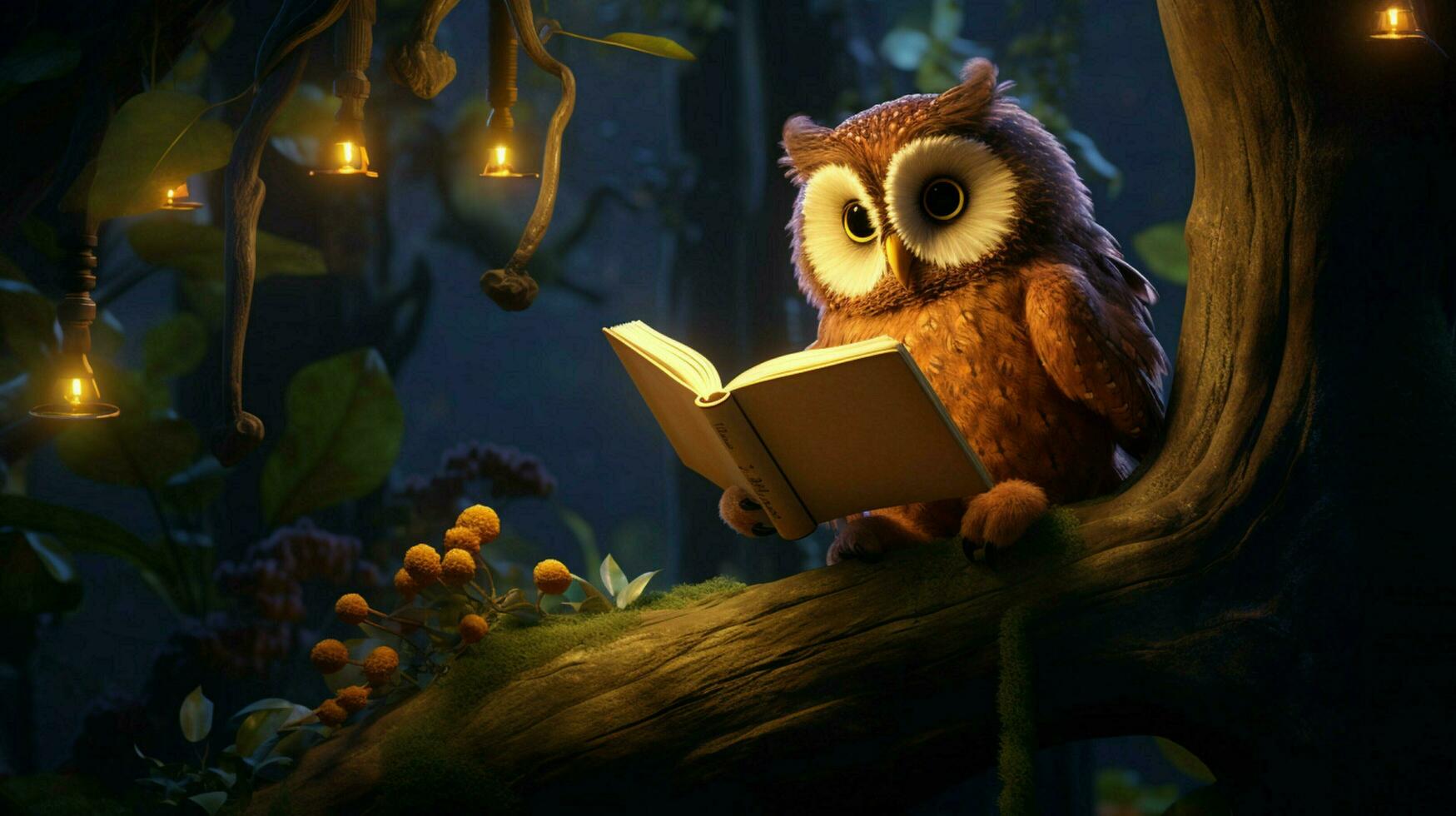 an owl reading on a tree photo