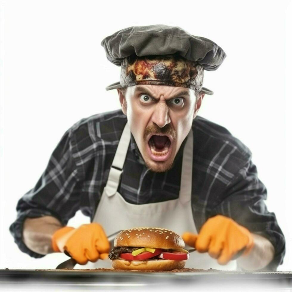 enojado hostil rápido comida empleado hamburguesa Rey haciendo foto