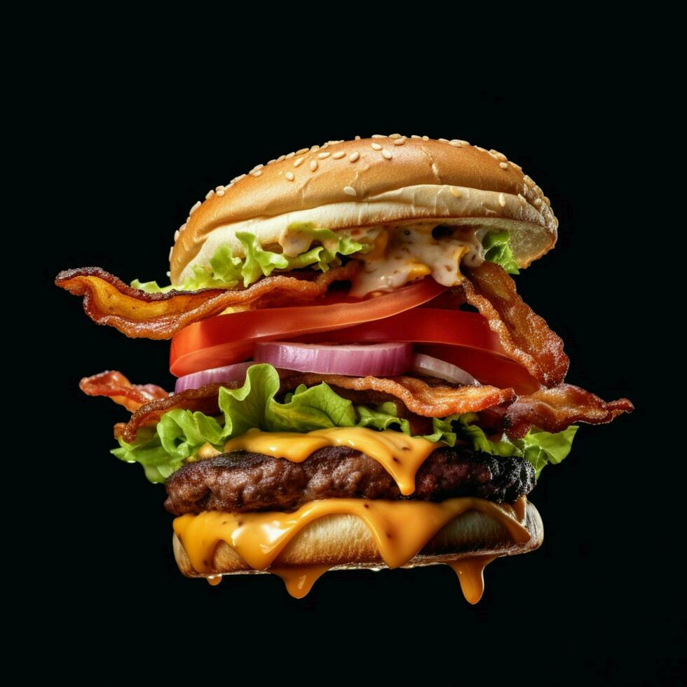 fresh layers of burger sandwich flying in the air photo