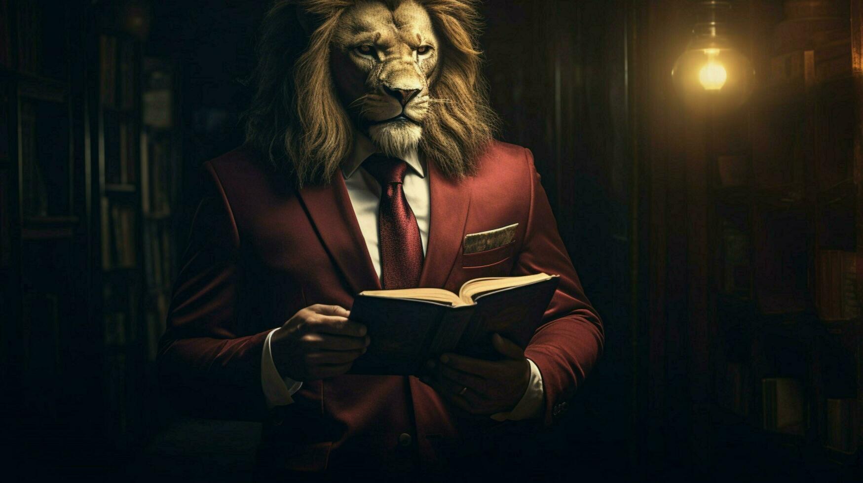 lion with a human body physique wearing suit photo