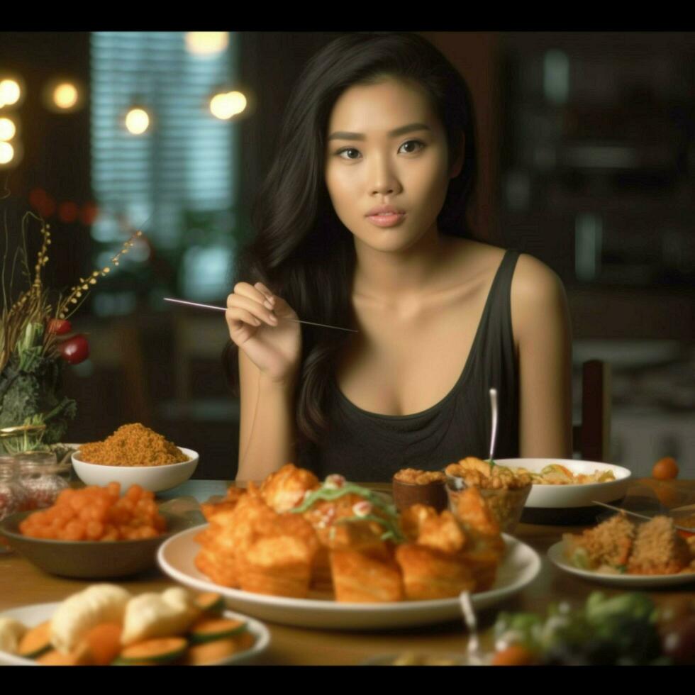 product shots of Asian young woman is eating diet photo