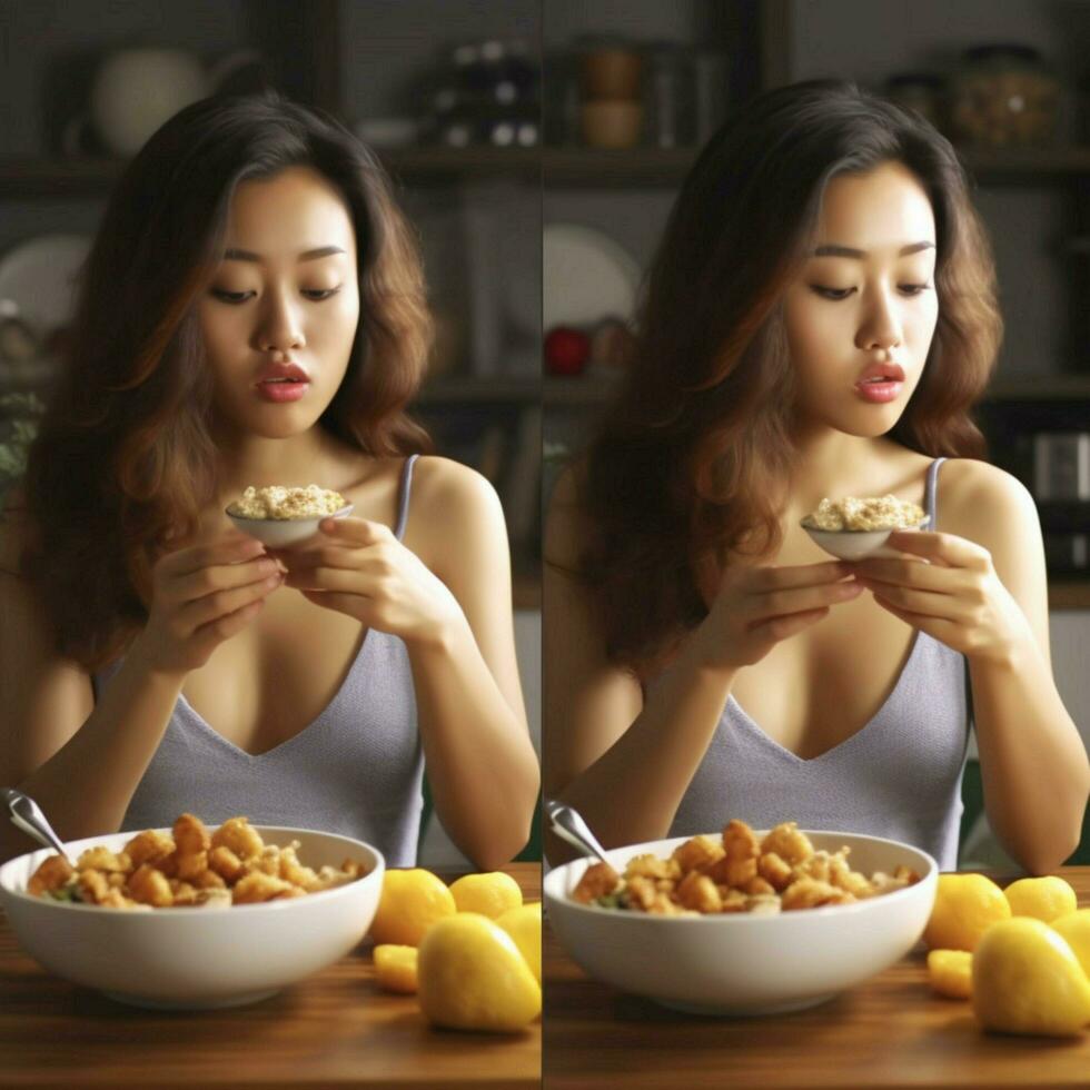 product shots of Asian young woman is eating diet photo