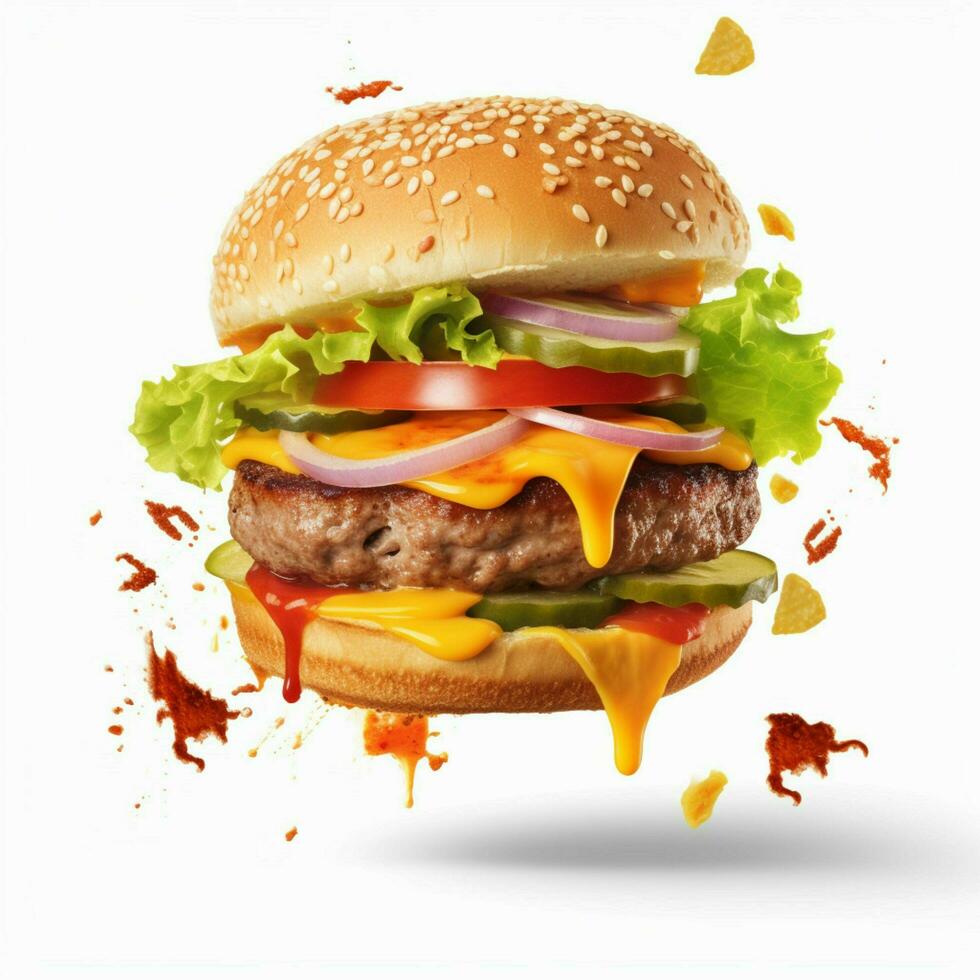 product shots of Realistic burger with flying ing photo