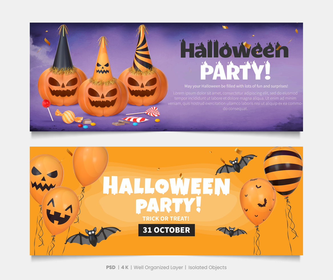 Halloween Party Banners Set With 3D Rendering Halloween Elements psd