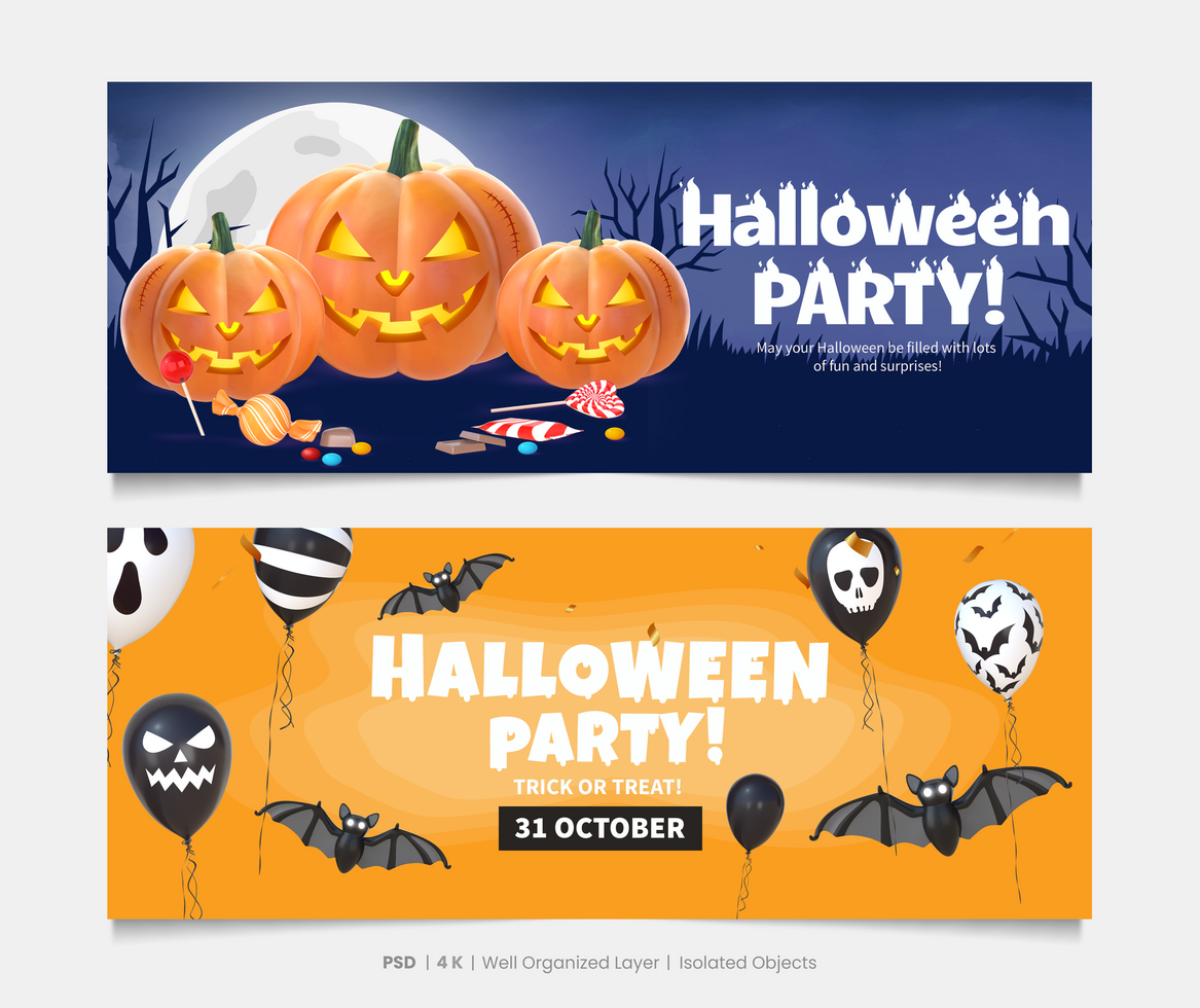 Halloween Party Banners Set With 3D Rendering Halloween Elements psd