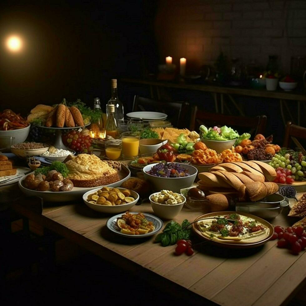 product shots of table with a lots of good food photo