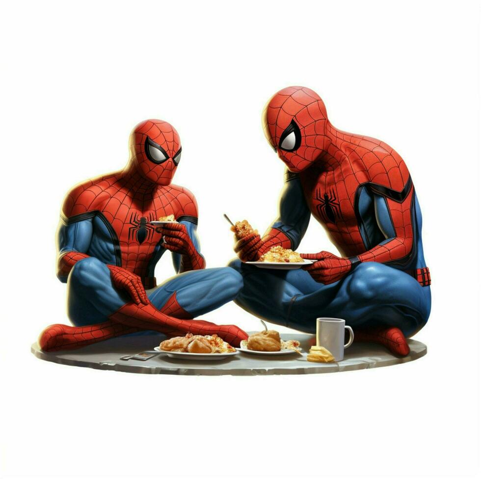 spiderman with heros friend eat foodcartoon style photo