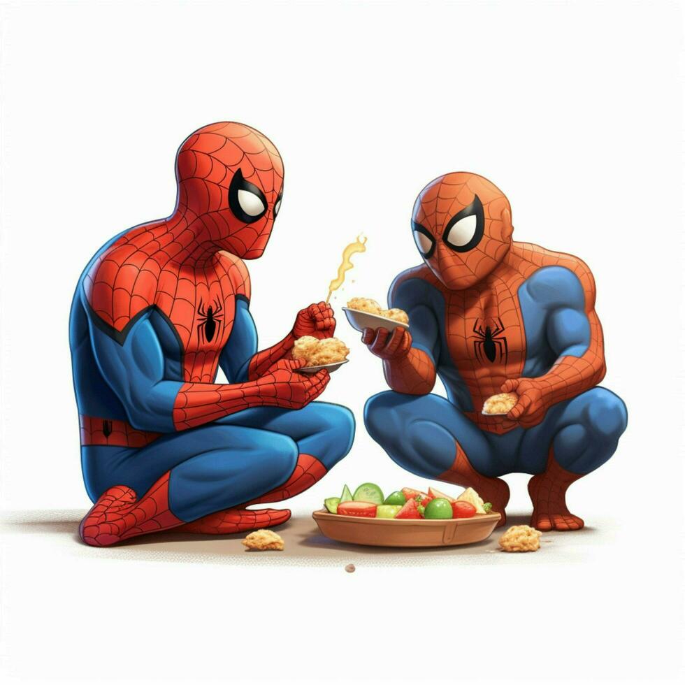 spiderman with heros friend eat foodcartoon style photo