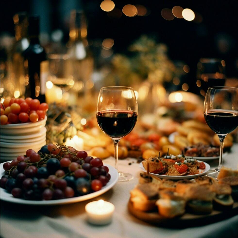 super wide detail shot of catered food and wine photo