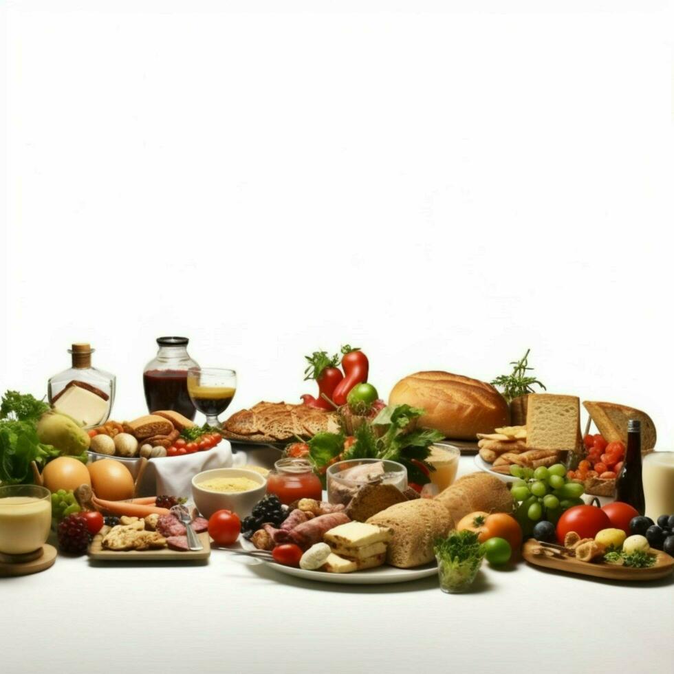 table with a lots of good food with white background photo